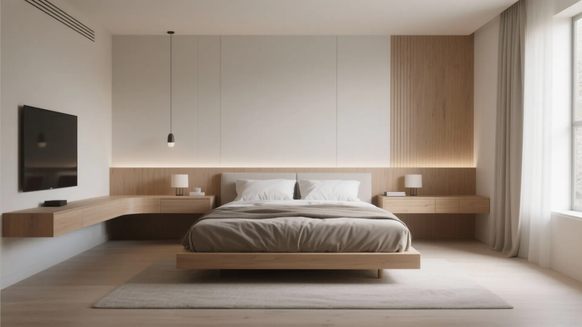 Modern minimalist bedroom featuring a floating wooden bed with integrated side tables and warm wall lighting