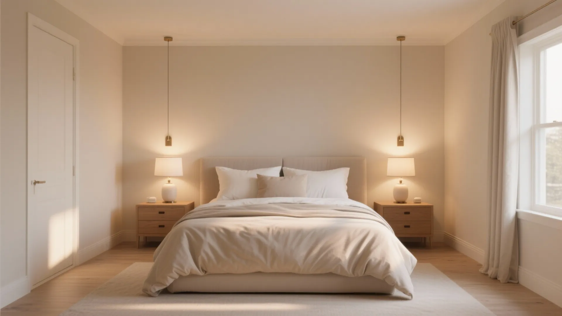 Symmetrical bedroom with centered bed and wall-mounted lighting