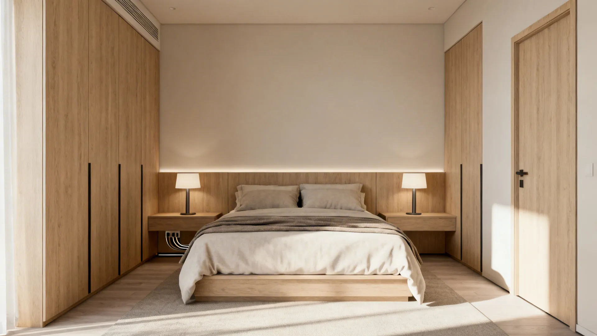 Centered bed on a long wall with matching narrow wardrobes and soft daylight.