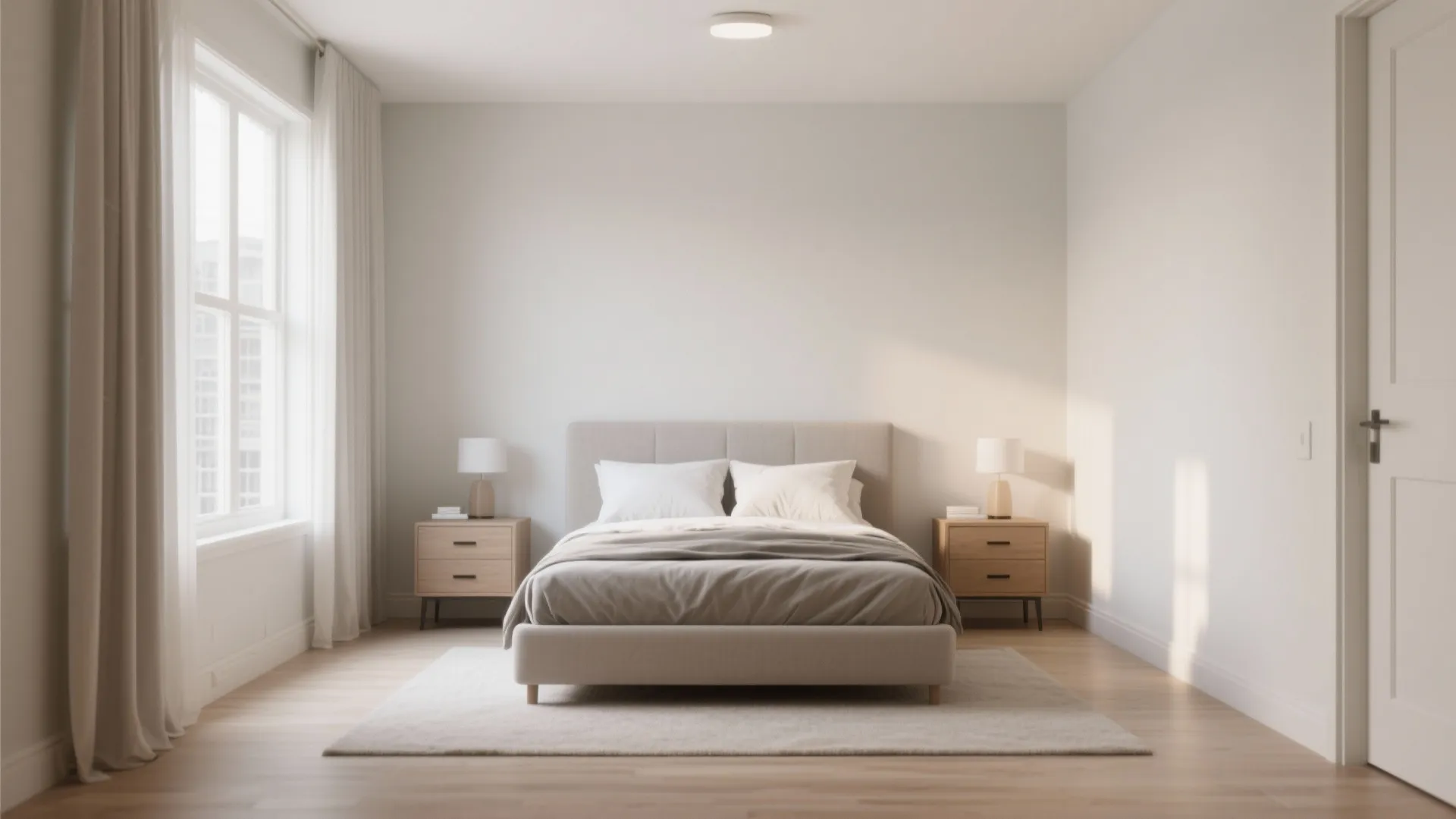 Minimalist bedroom with a centered bed two wooden nightstands small lamps and a large window