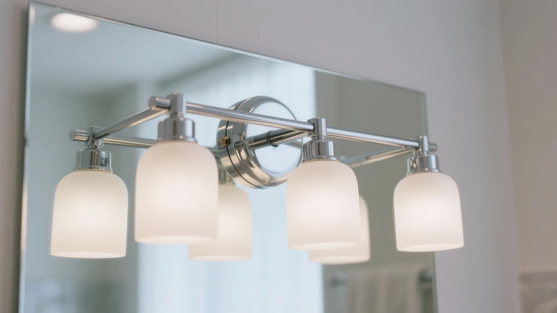 Chrome wall light with four white frosted glass shades mounted on a bathroom vanity mirror