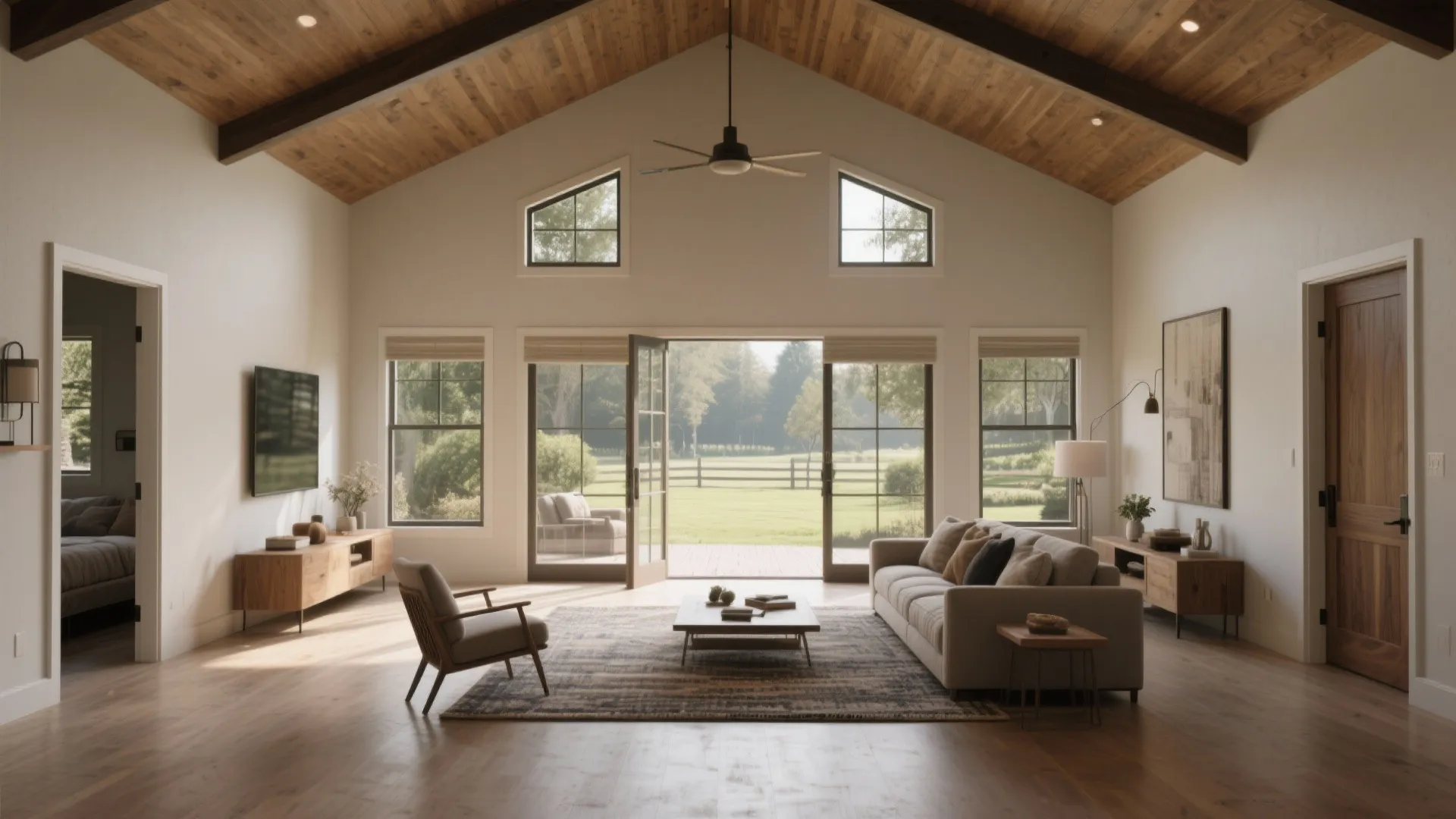 Centered great room with bedrooms flanking each side and sightline to backyard.