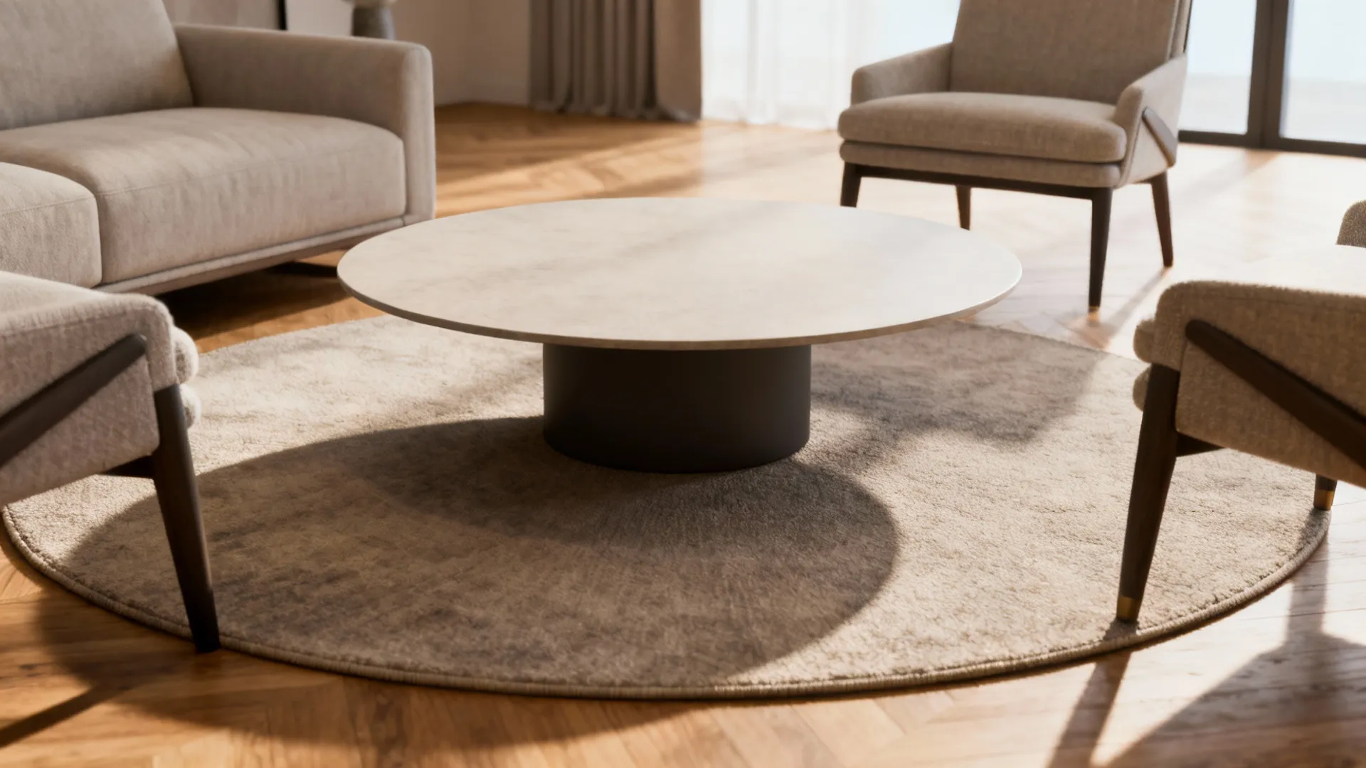 Circular coffee table centered on a round rug with sofa and chairs partially on the rug for cohesion.