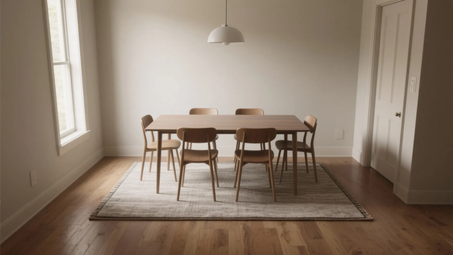 Symmetrical dining room with wooden table and chairs placed perfectly on a large area rug