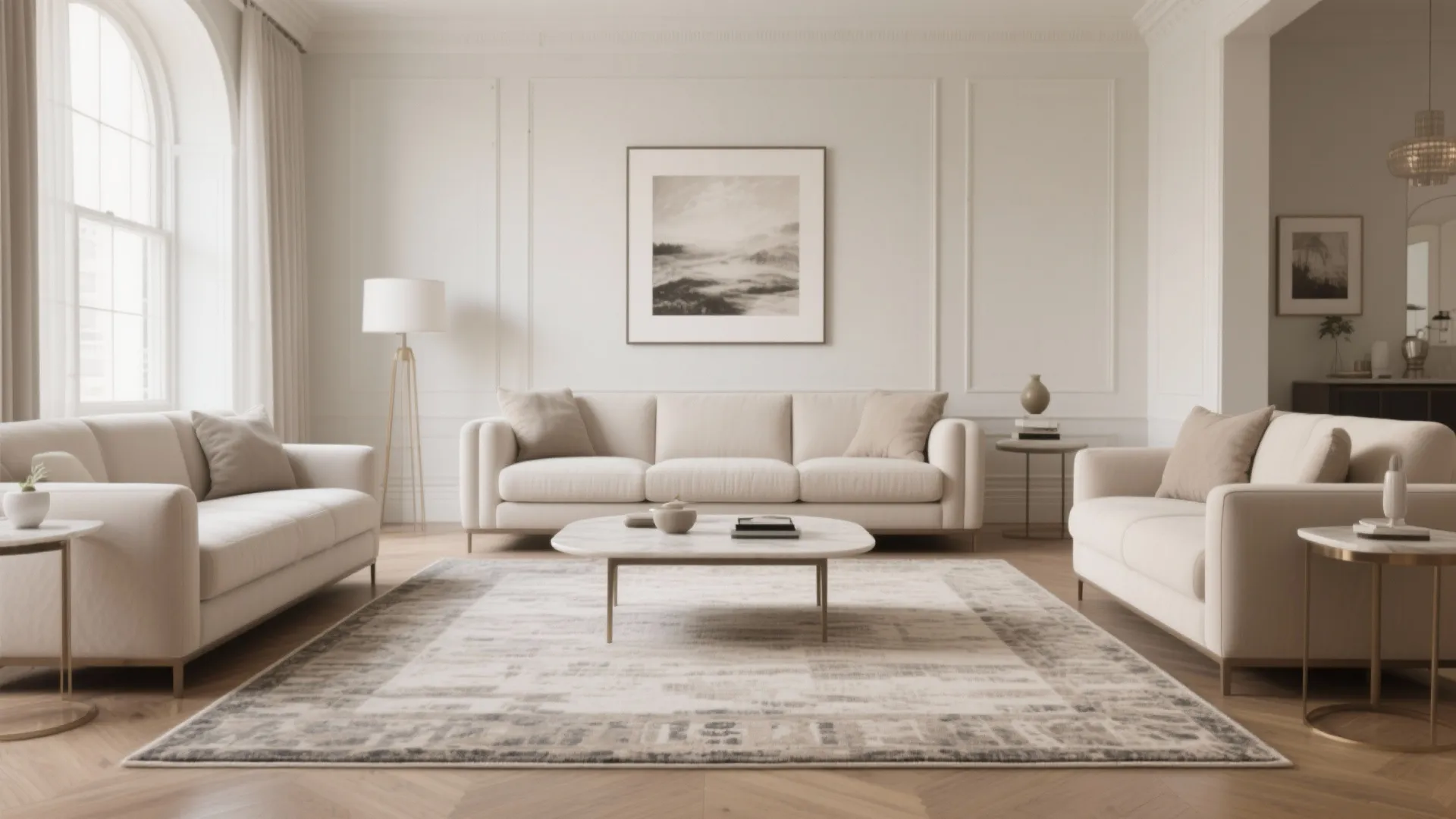 Elegant white living room featuring a patterned rug centered under a marble top coffee table