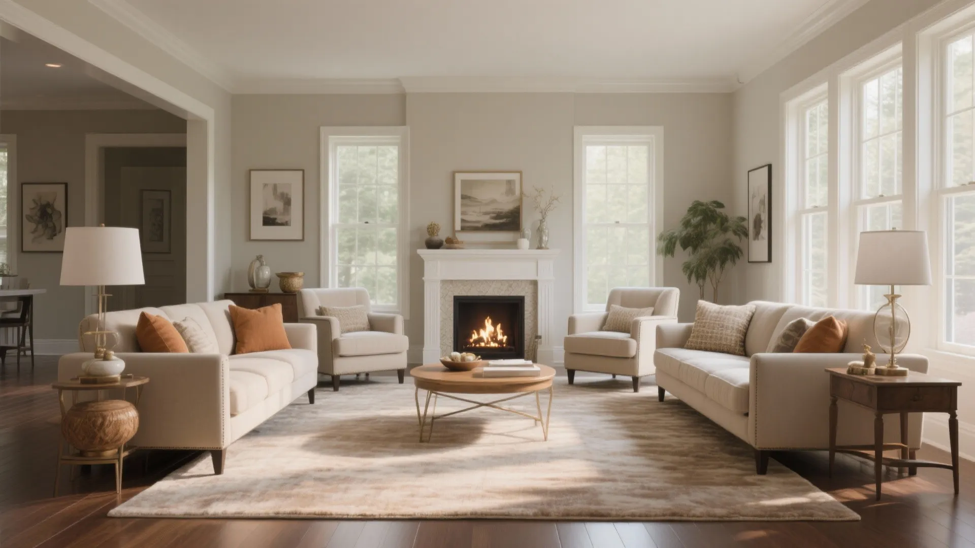 Symmetric living room layout with cream sofas, coffee table, white fireplace, and large area rug
