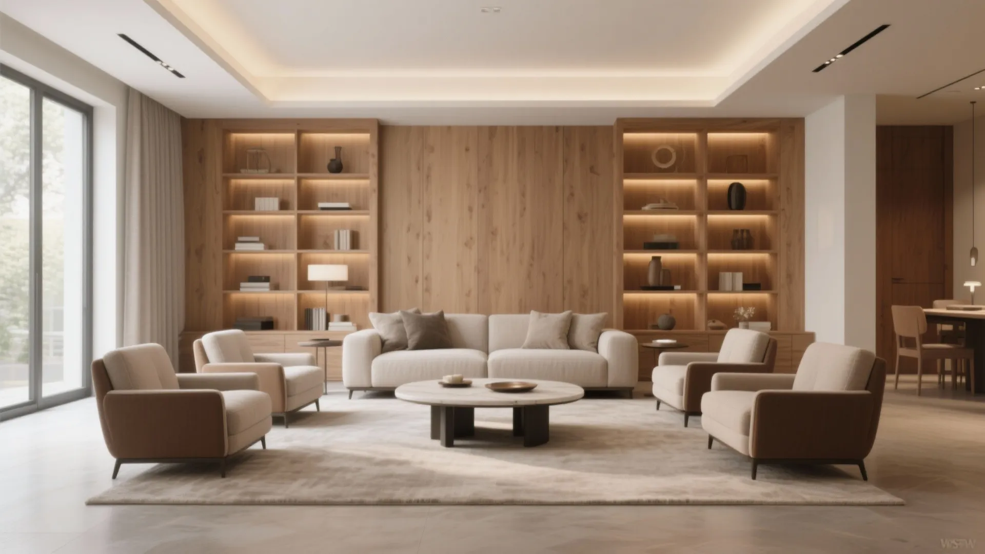Symmetrical living room layout with white sofa and four armchairs around round coffee table furniture