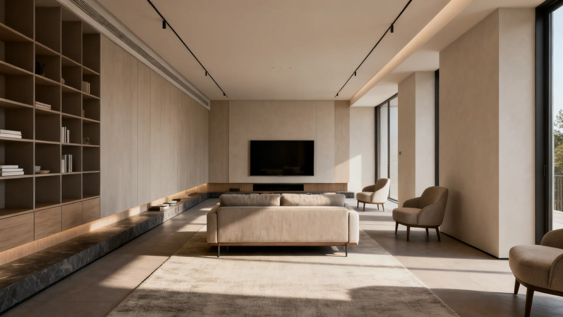 Centered loveseat with low shelving along one wall and a clear traffic band in a narrow living room