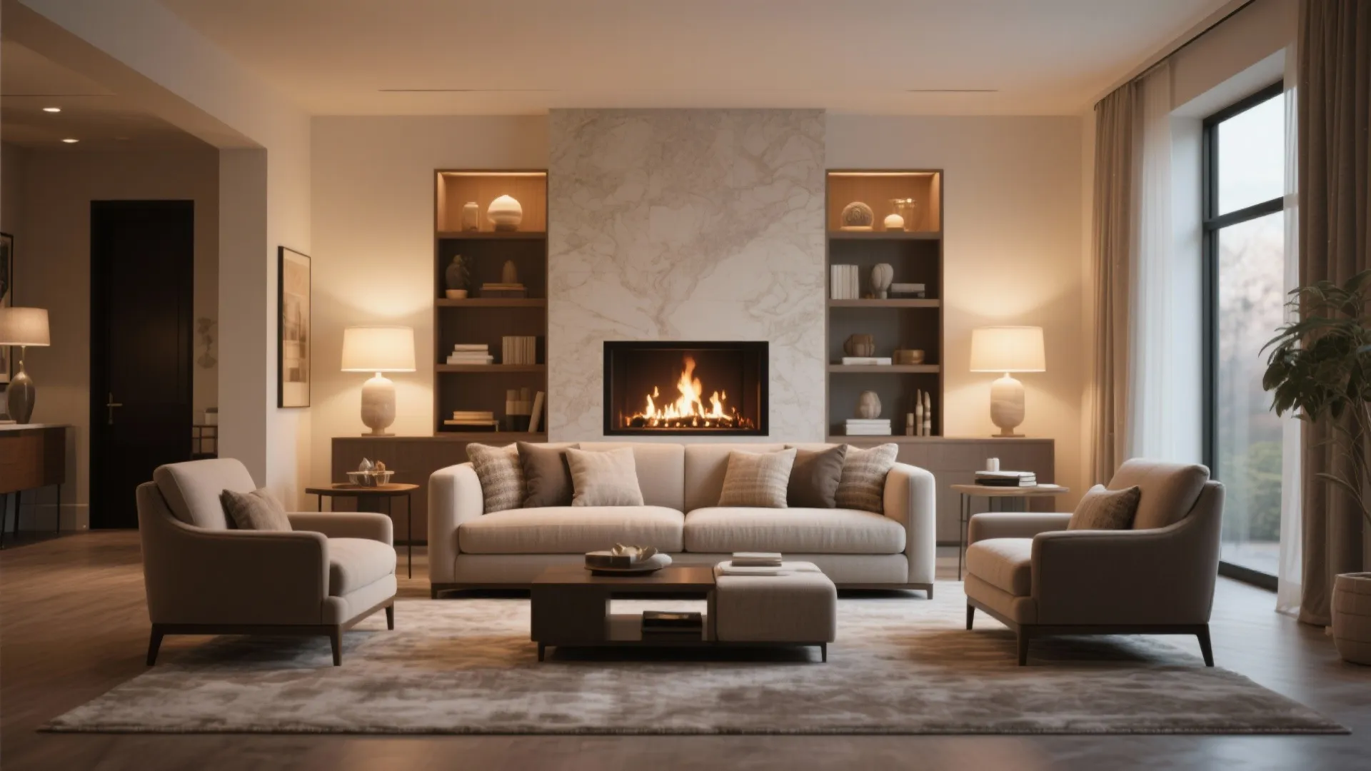 Modern living room with centered sofa and armchairs facing a fireplace and built in shelving