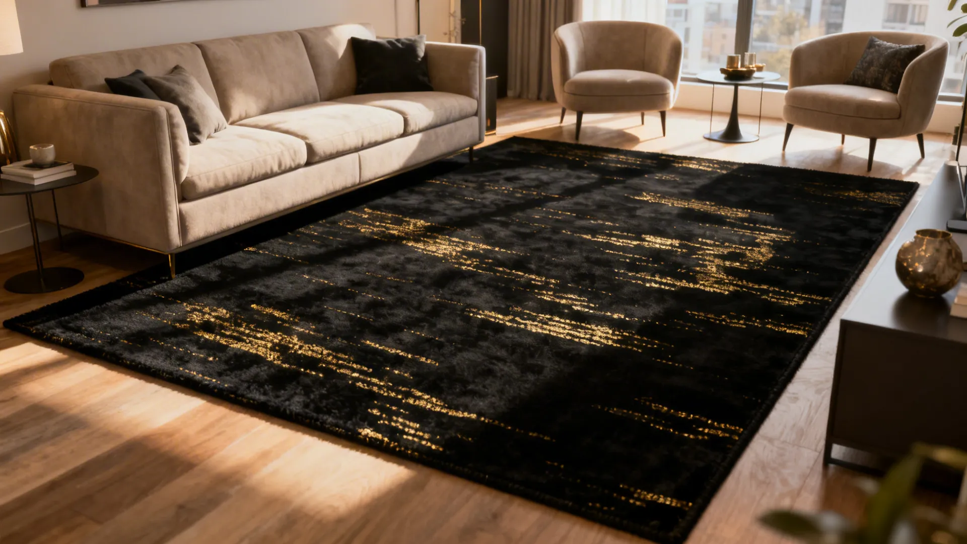Compact living room with a centered black rug with matte gold motifs and neutral sofas.