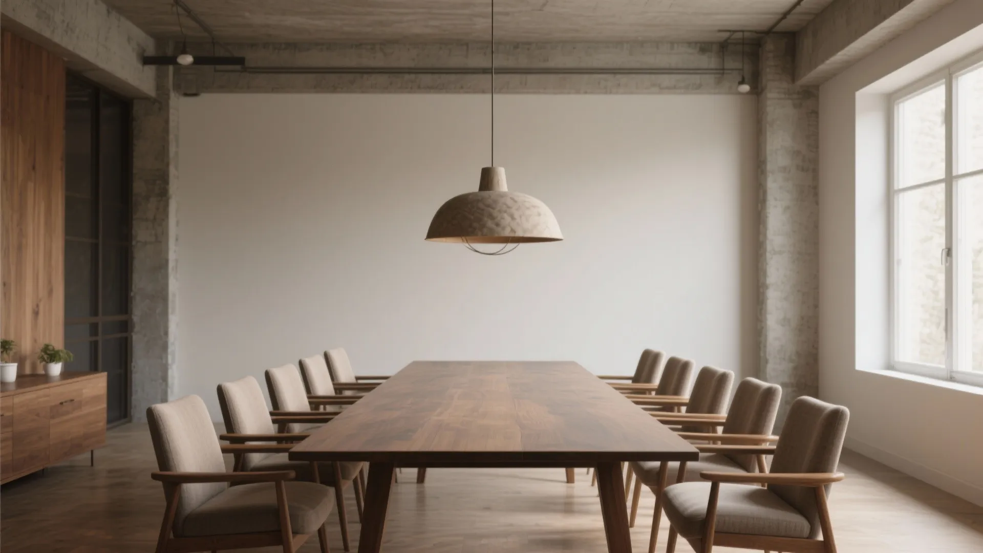 Modern meeting room with large wooden table grey chairs hanging ceiling light and industrial concrete ceiling