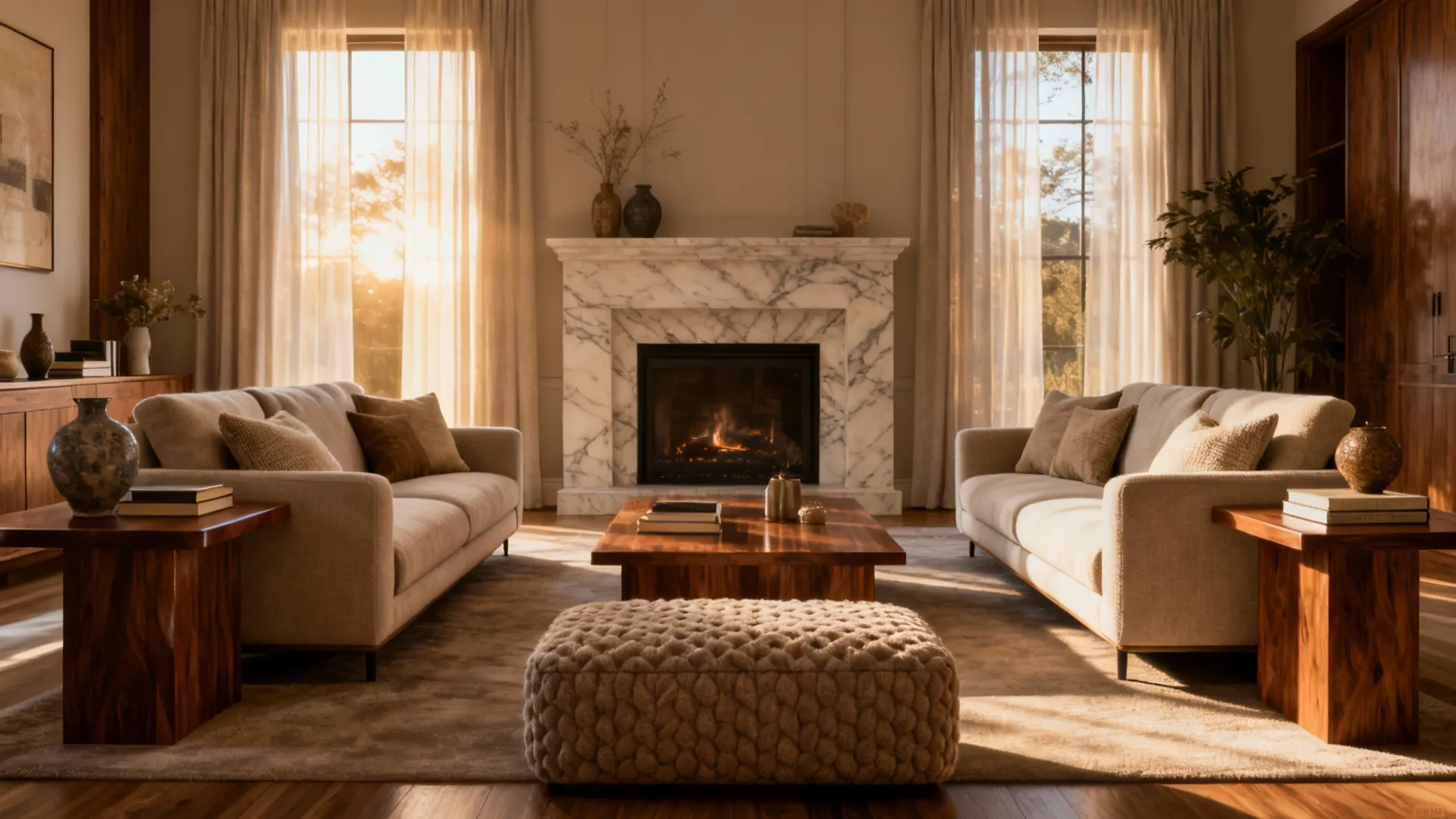 Symmetrical living room with marble fireplace, two beige sofas, wooden coffee table, and woven footrest