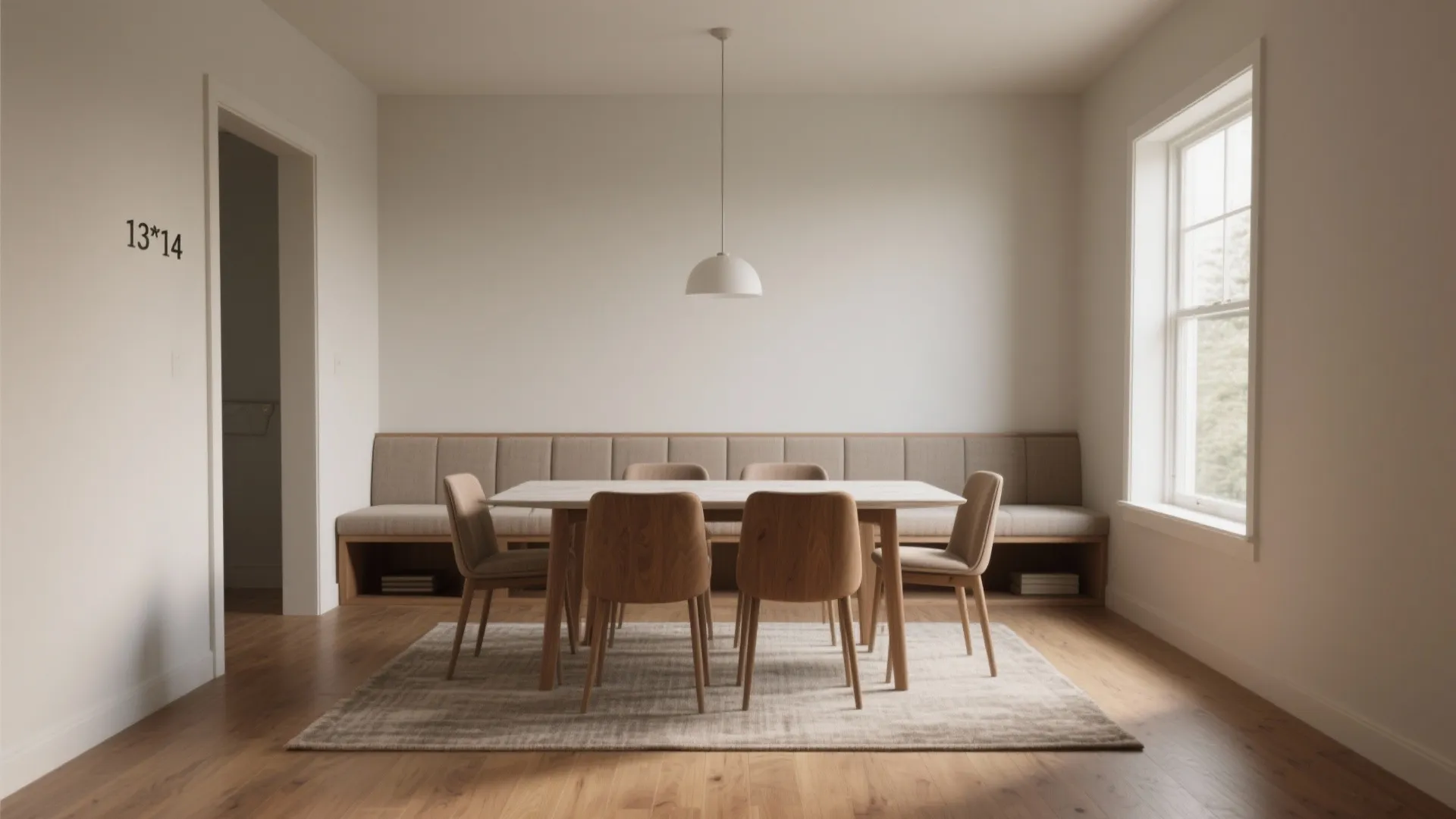 Modern dining room with wooden table chairs rug ceiling light bench window and light walls