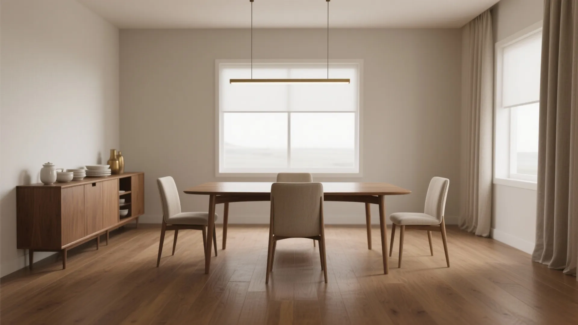 Minimalist dining room with wooden table four chairs long ceiling light and wooden storage cabinet