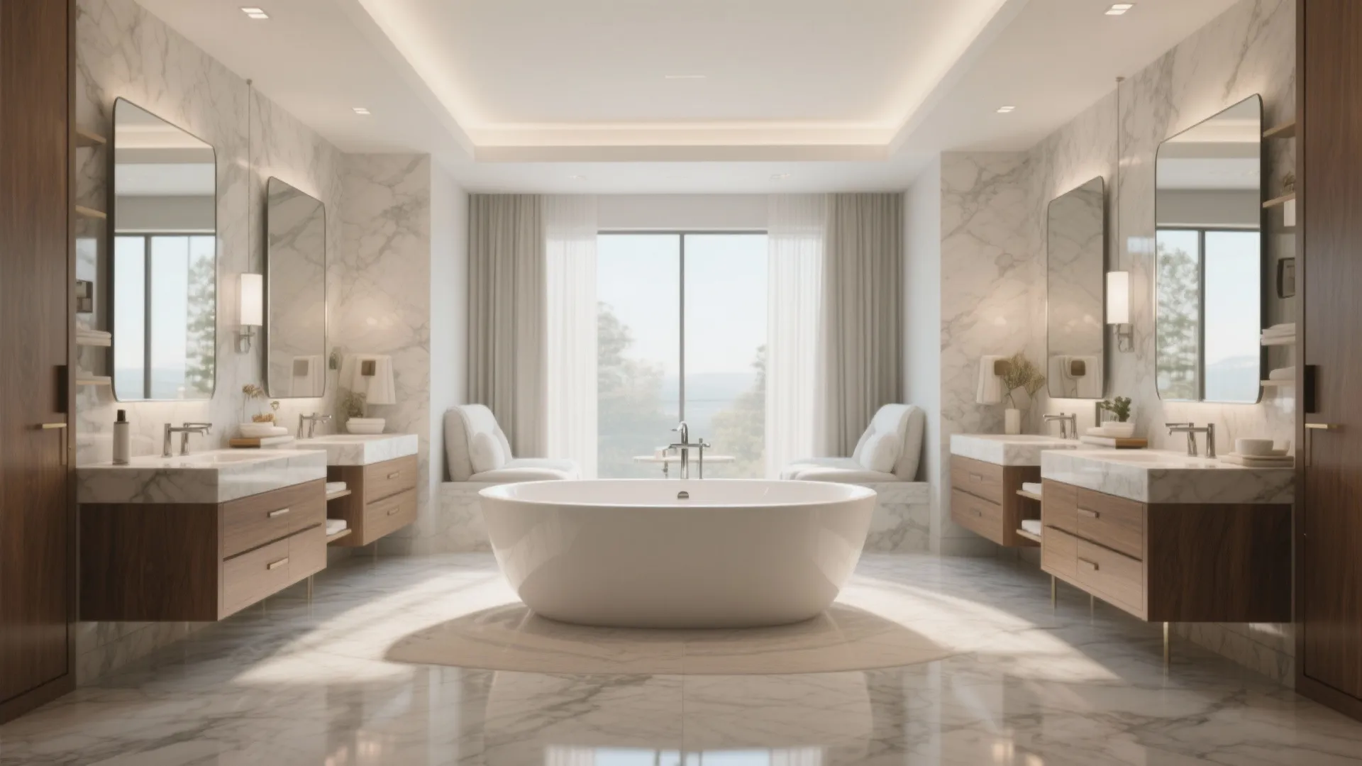 Symmetrical master bathroom with a centered freestanding tub and mirrored vanities for a spa-like feel.