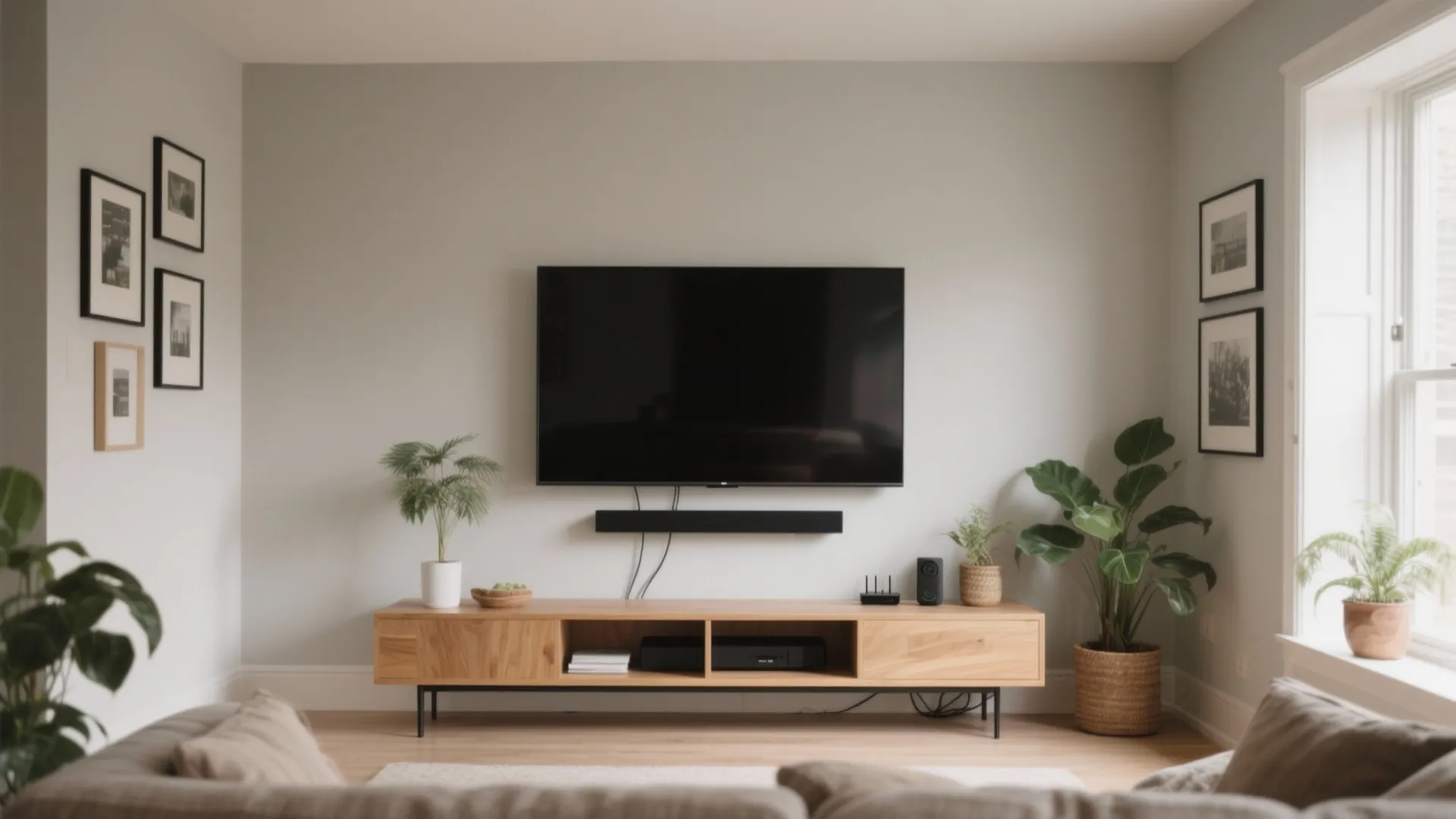 Minimalist living room with wall mounted television over wooden cabinet with green plants and frames