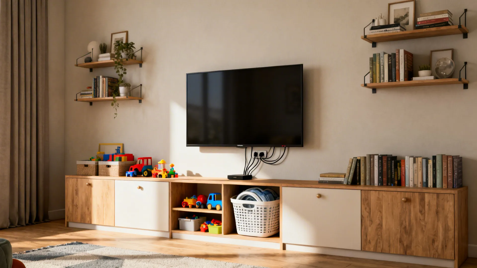 TV mounted on main wall with low cabinets and shelving flanking it, storage hidden and styled.