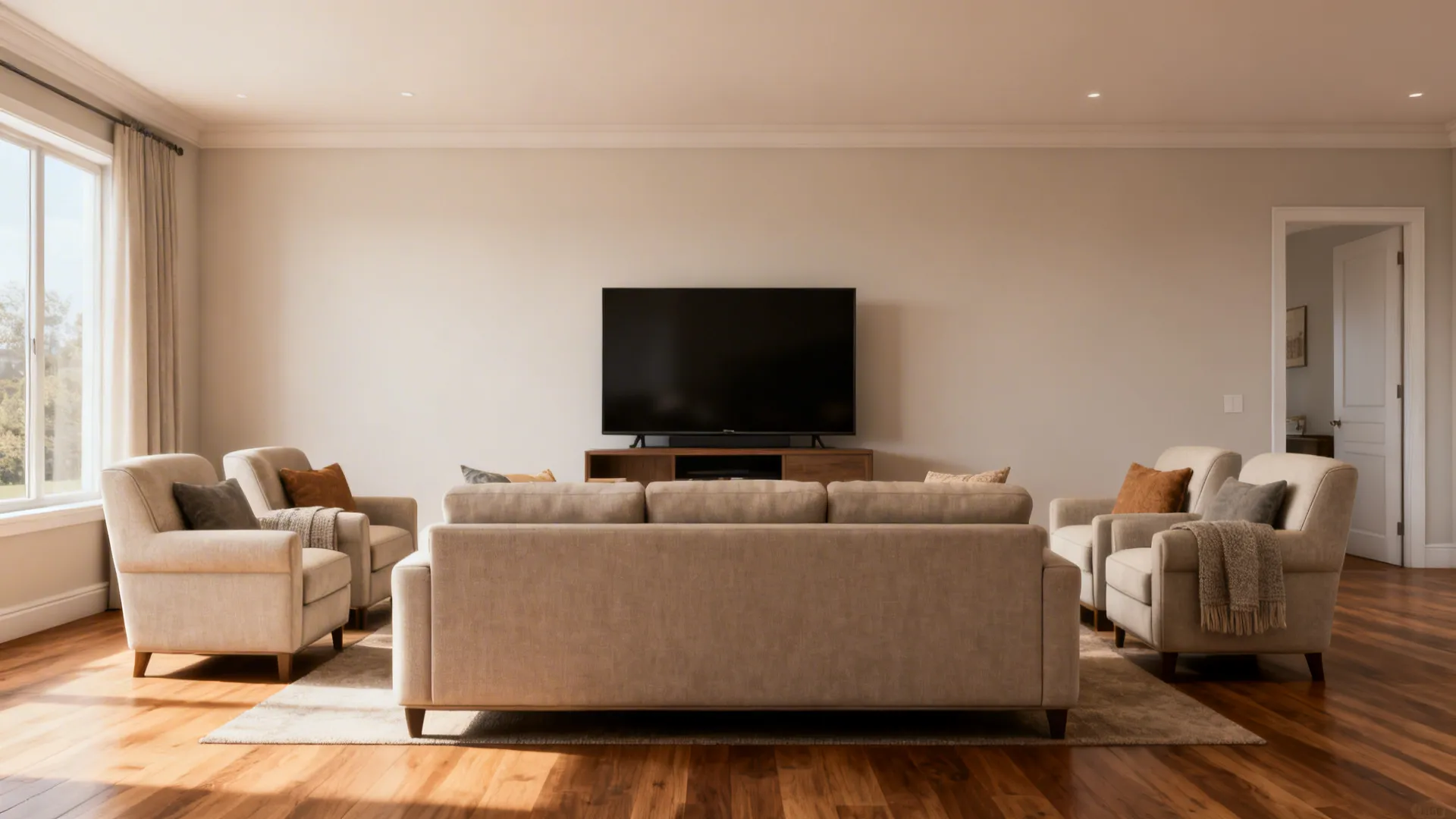 Symmetrical living room with central television wood floor beige sofa two armchairs and large window