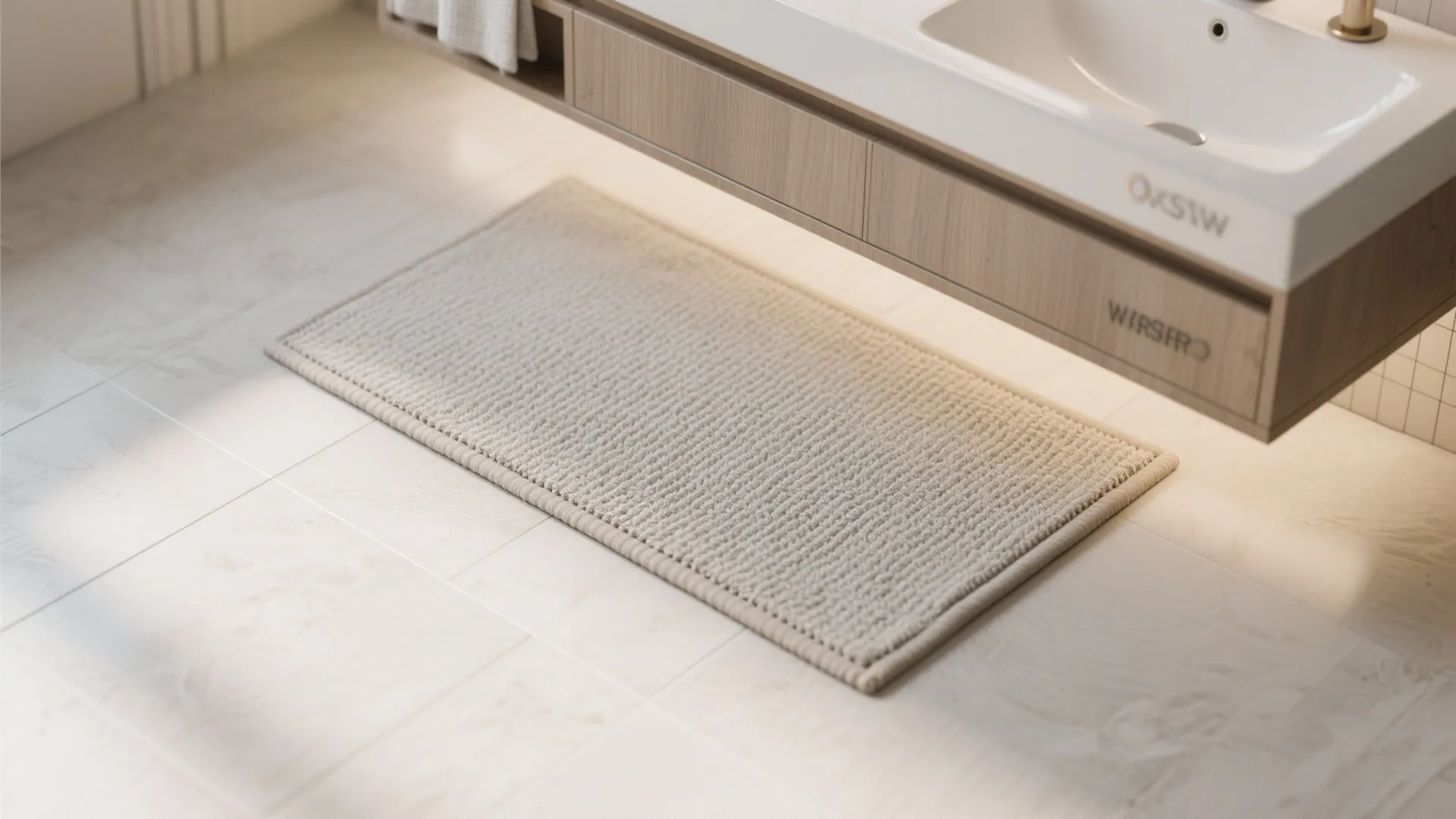 Rectangular beige textured rug placed on tiled floor under a modern wooden bathroom sink cabinet