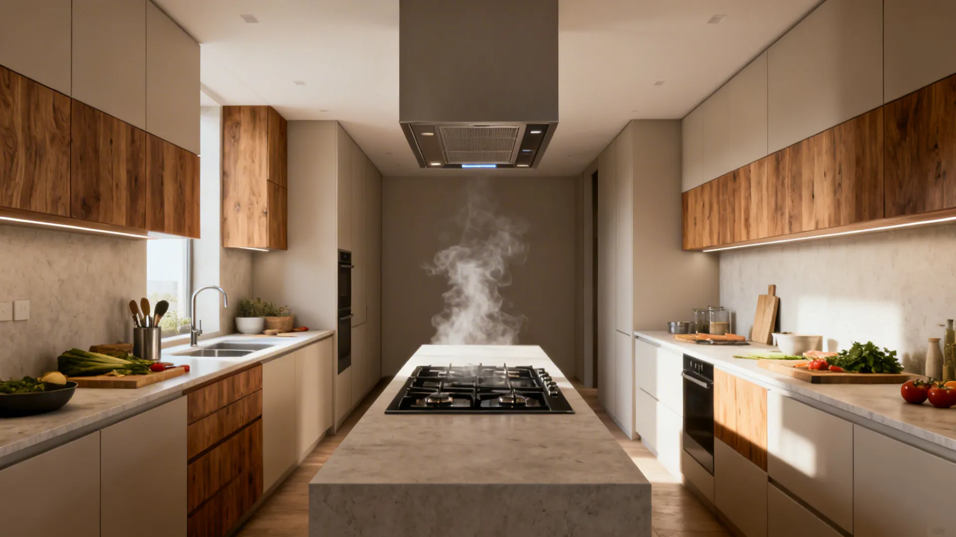 Narrow kitchen with centerline island stovetop and ample prep space on both sides