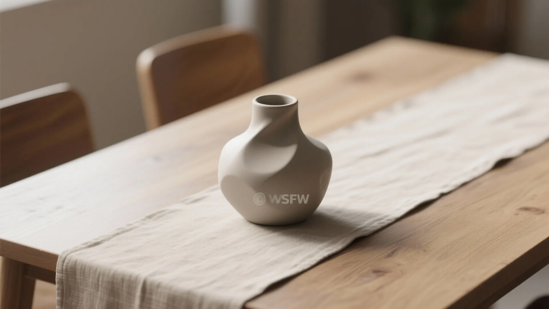 Close-up of a single sculptural ceramic vase centerpiece on a small dining table with a runner.