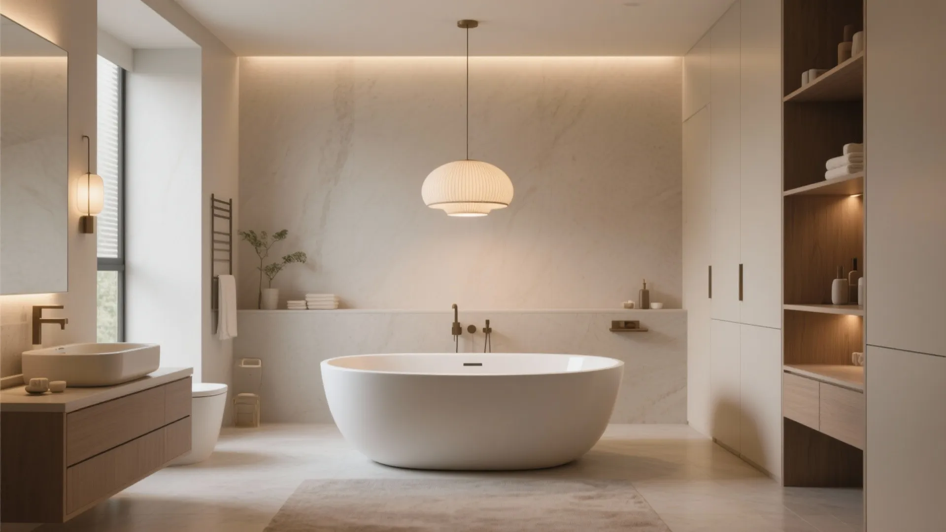 A freestanding bathtub placed in the center of a bathroom