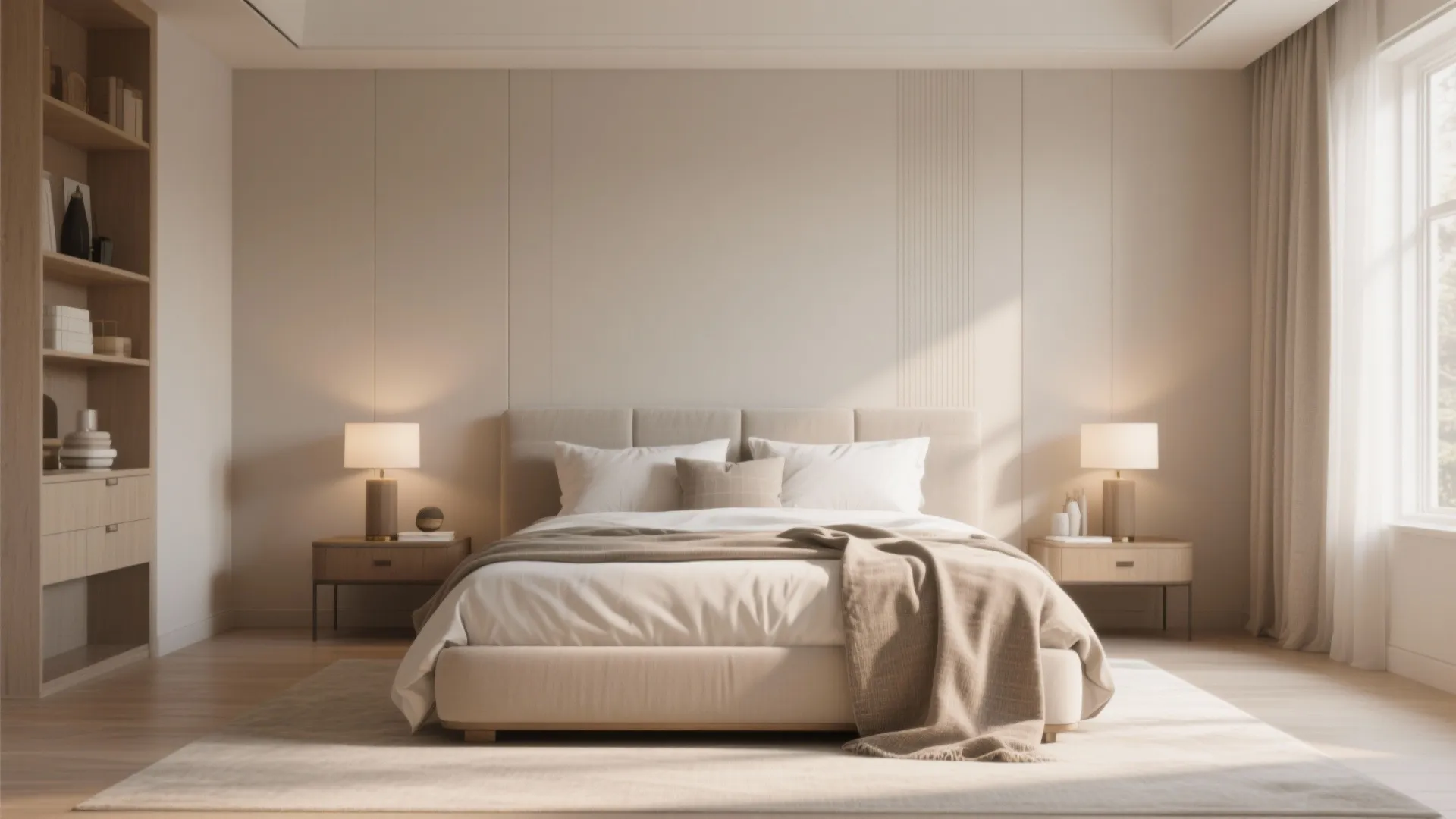 Minimalist bedroom design with beige bed wooden nightstands table lamps wall panels and built-in book cabinet