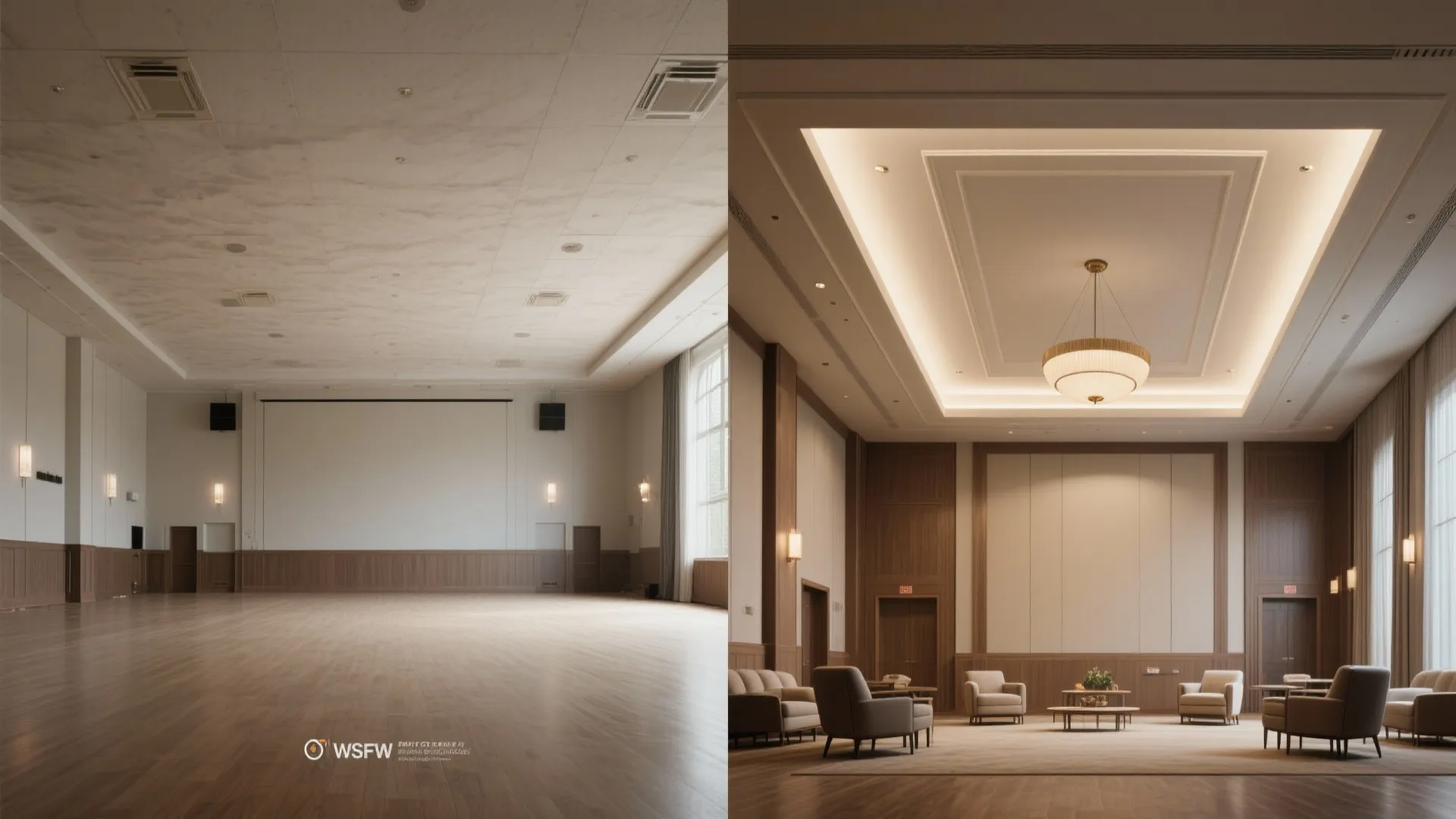 Before and after interior design drawing comparison of a large ballroom showing new ceiling light