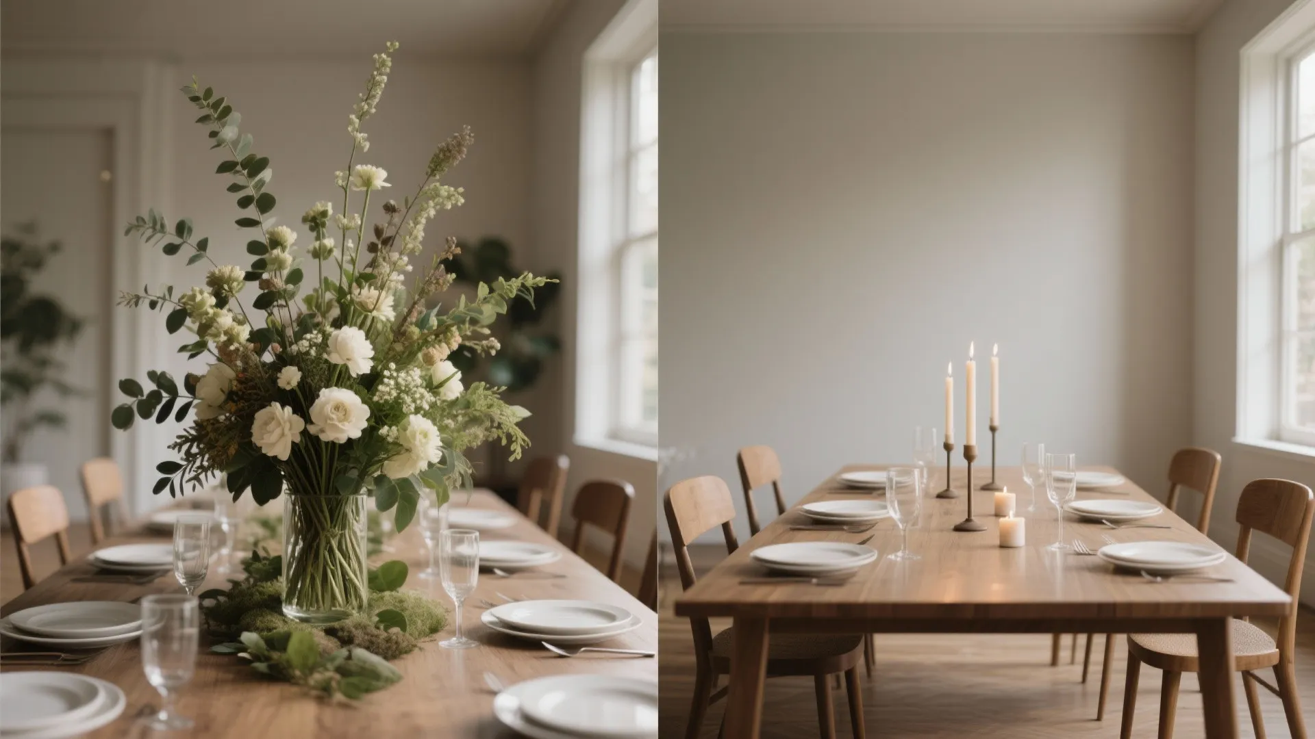 Before-and-after of a rectangle table: too-tall bouquet blocking sightlines versus a low, balanced centerpiece.