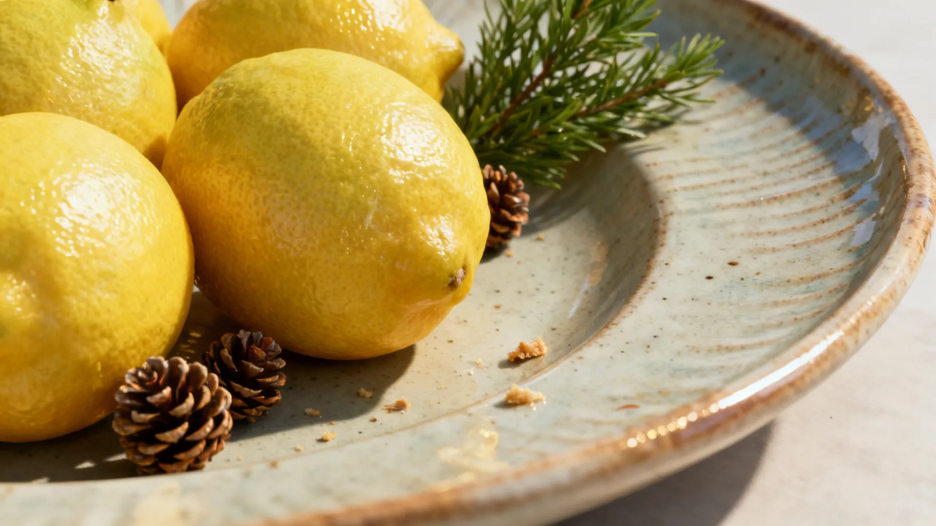 Yellow lemons on rustic ceramic plate with small pine cones and a green pine branch