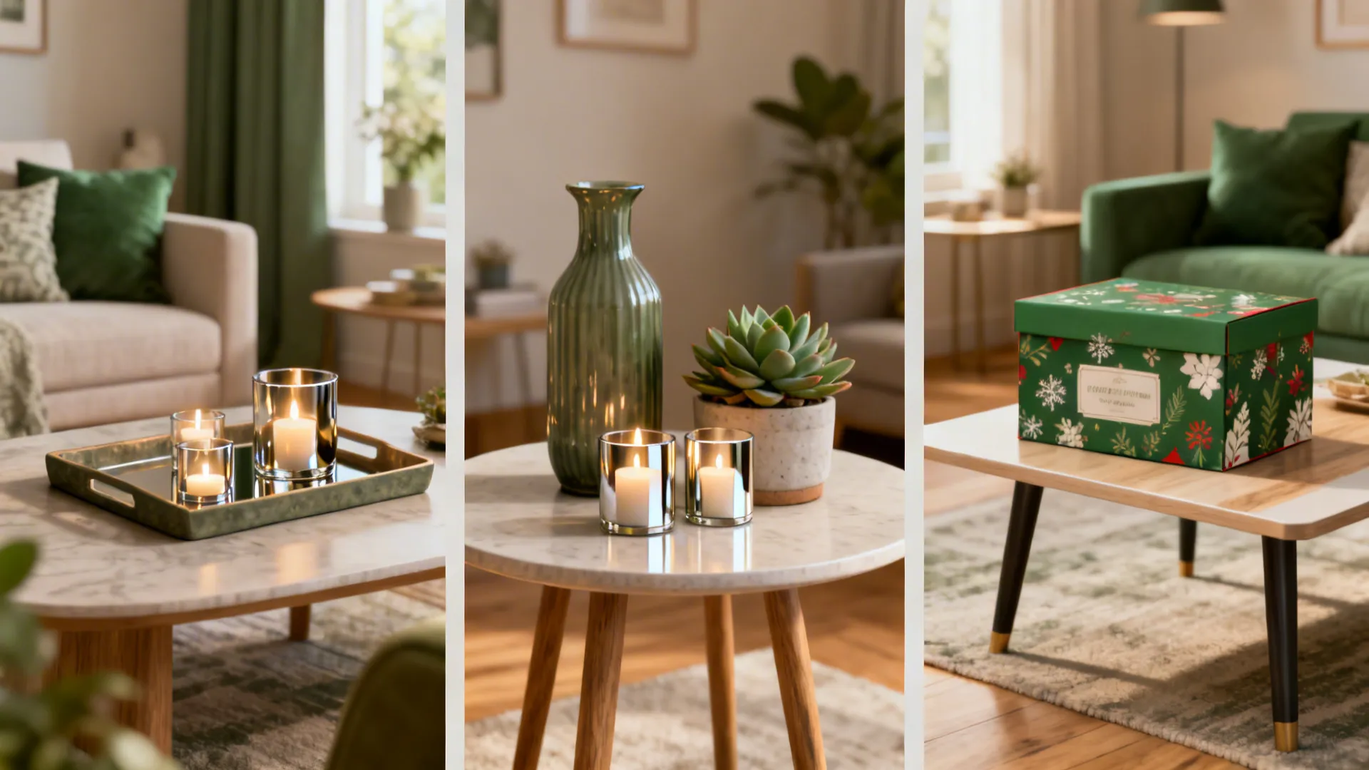 Collage of small centerpiece ideas: tray, tall vase, mirrored candles, succulent planter, and seasonal box.