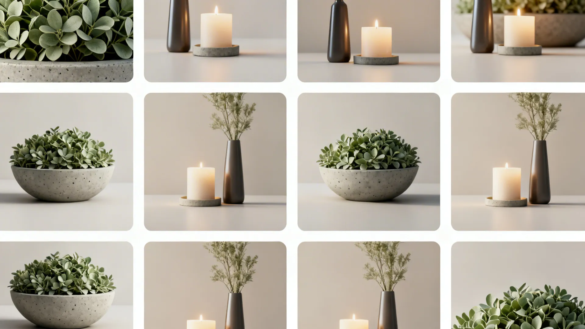 Collage of child-safe concrete bowl, faux greenery, vase trio and candle vignette illustrating FAQ options