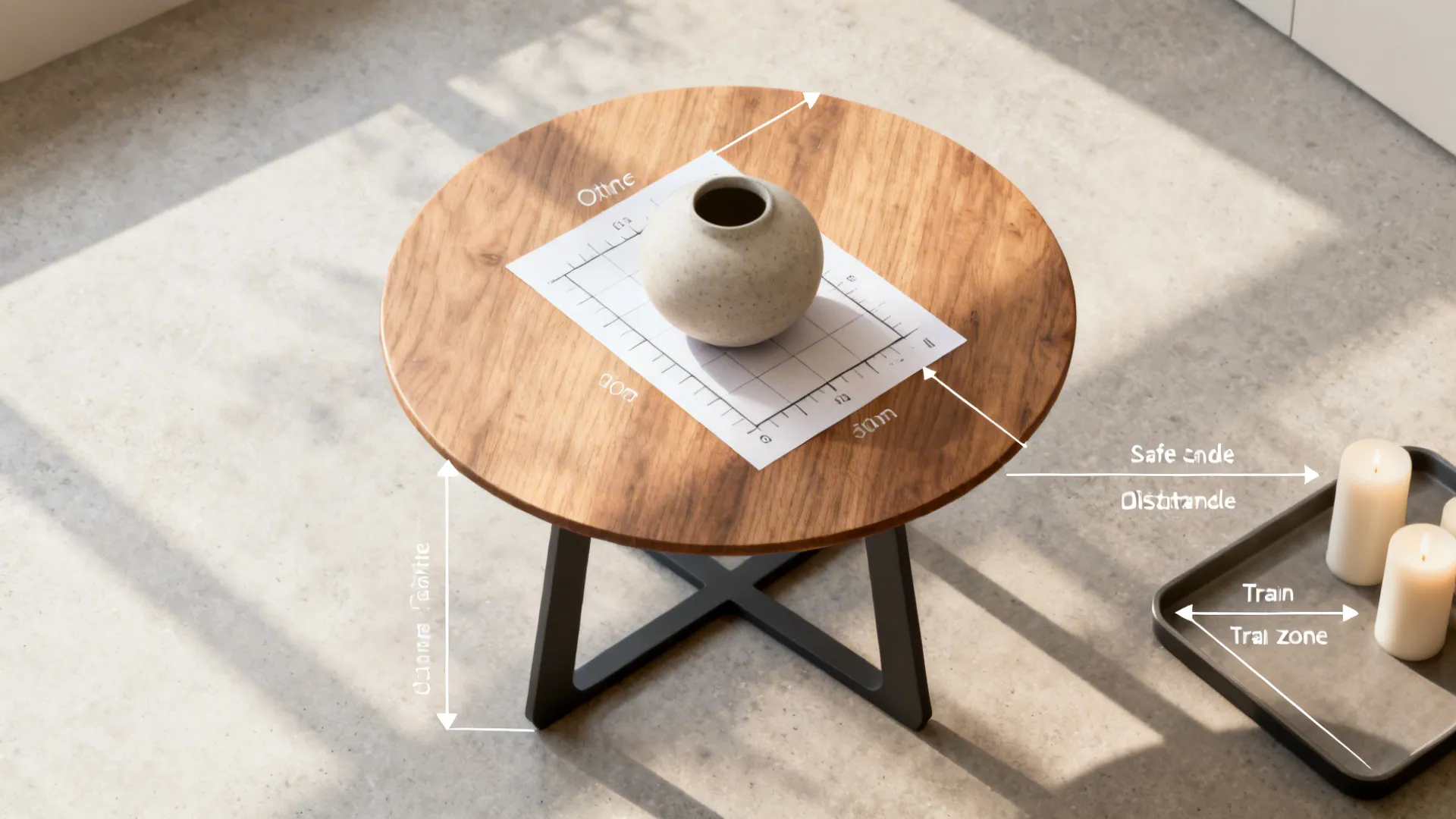 Top-down view of a small table with overlays illustrating centerpiece size and placement tips.