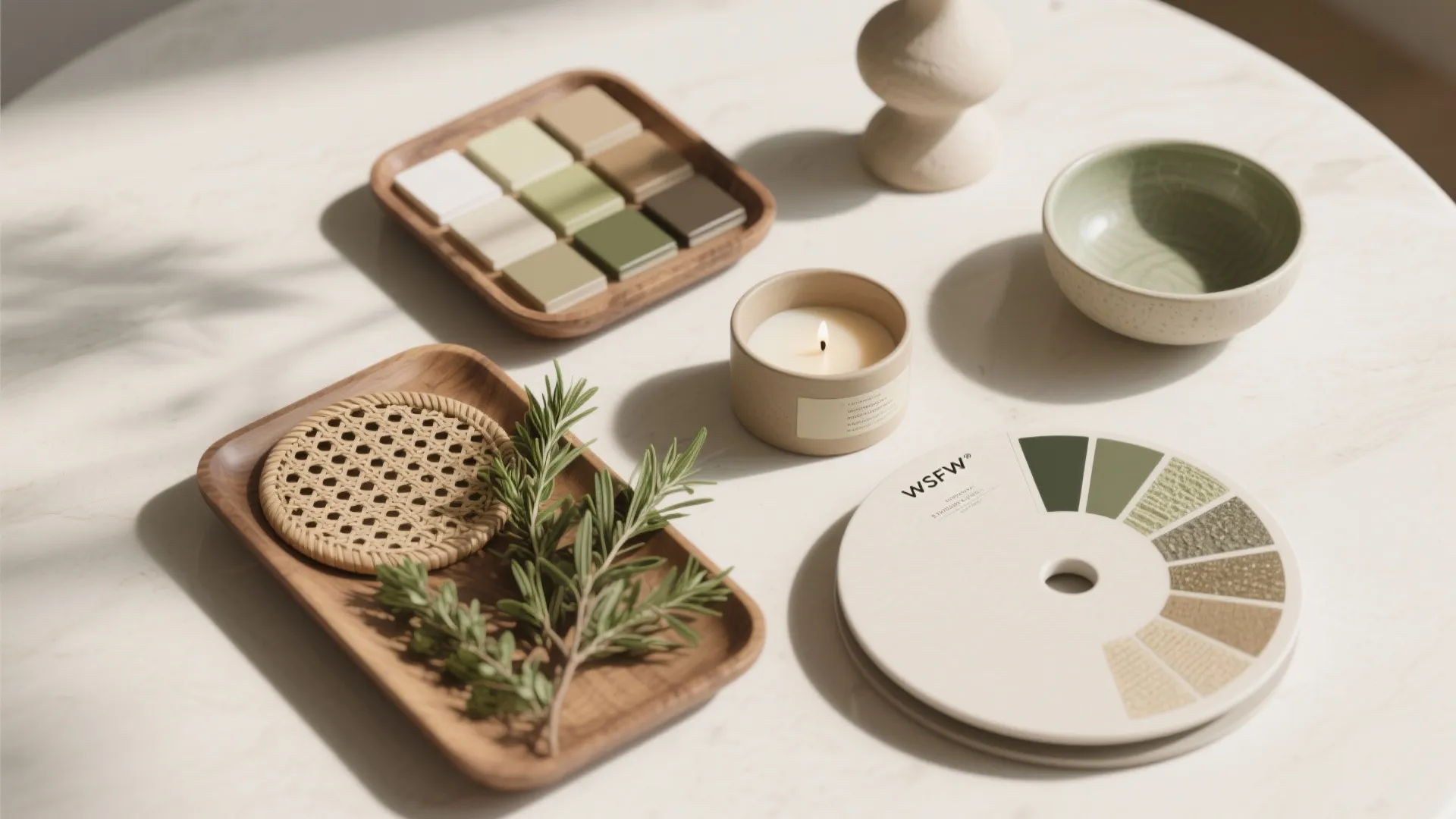 Design material flat lay with color swatches wood trays lit candle ceramic bowl and rosemary