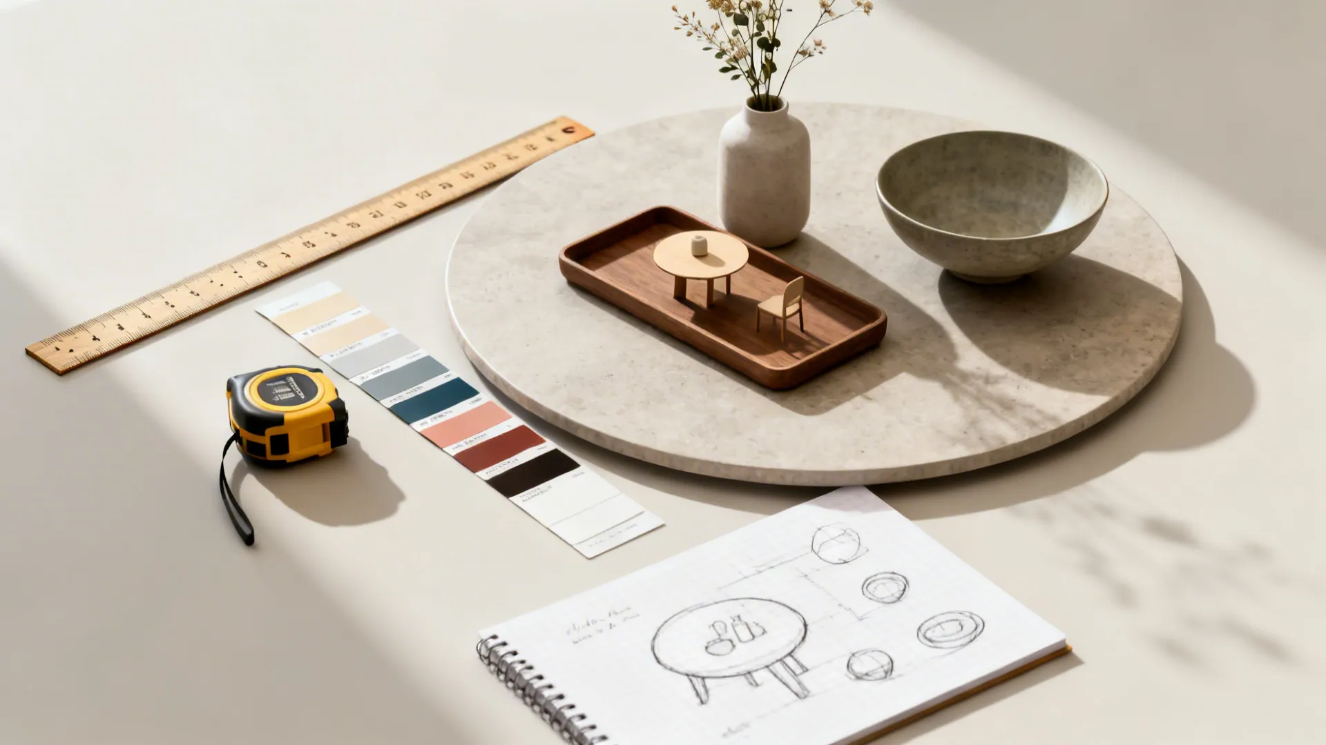 Flatlay of tools and samples for planning round table centerpieces including color swatches and a scale model.