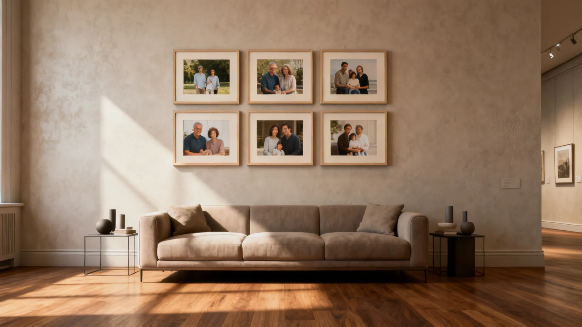 Living room with beige sofa, wooden floor, and six family photos in a wall grid