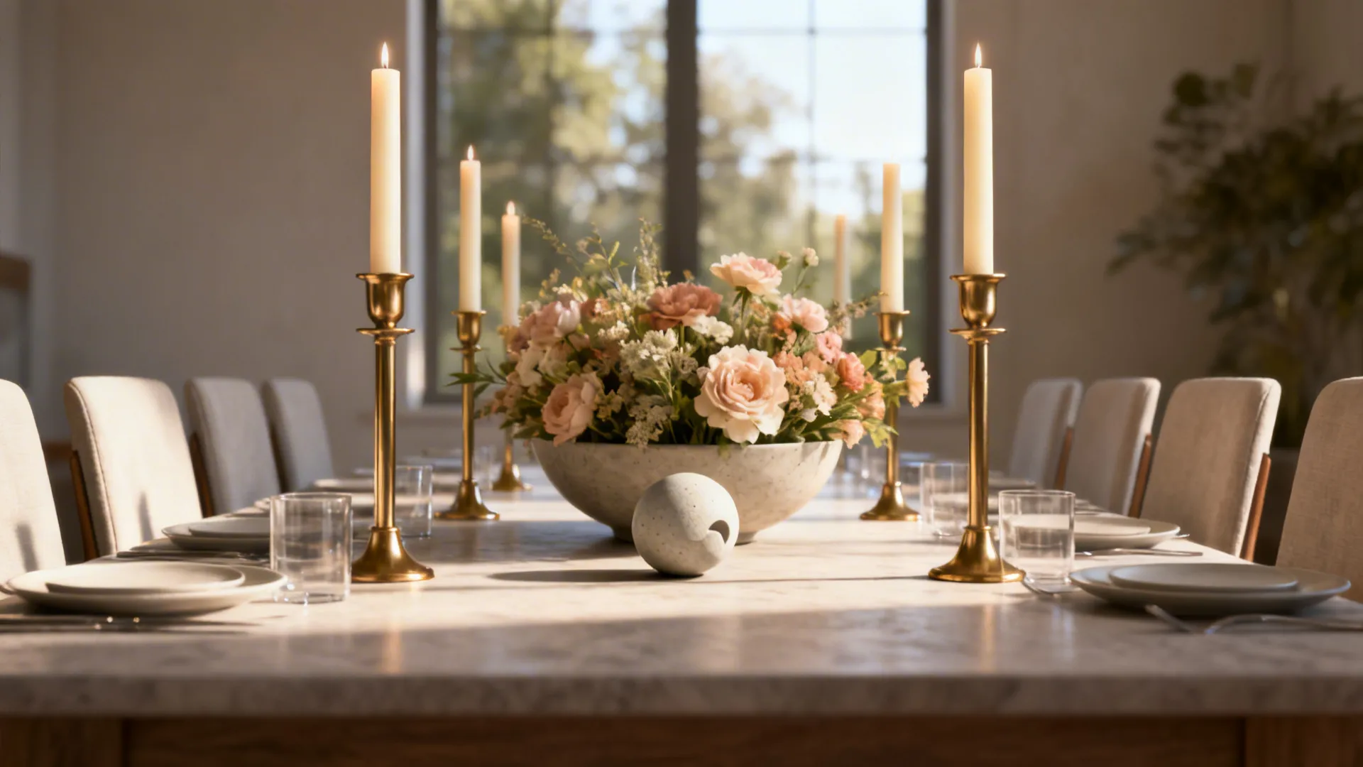 Long dining table with a large flower centerpiece gold candle holders and white candles in sunlight