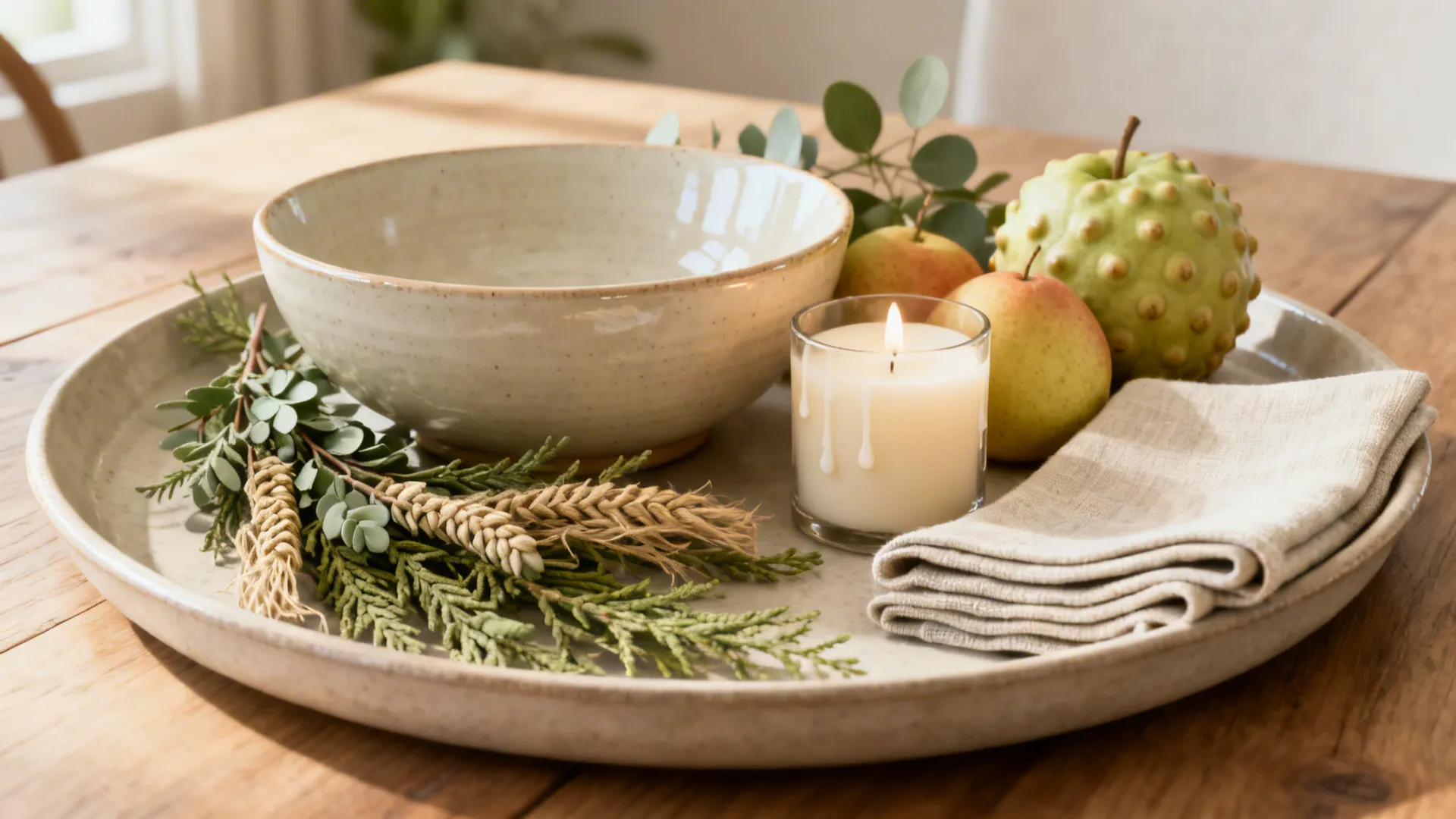 Close-up of a layered low centerpiece with a tray, candle, linen napkins and seasonal fruits on a wooden table.