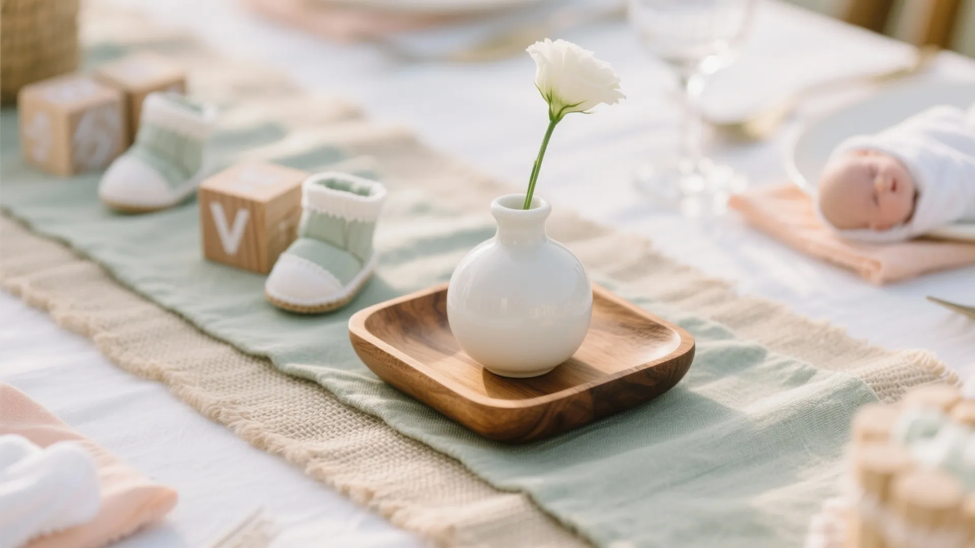 Layered Table Centerpieces with Baby-Themed Props