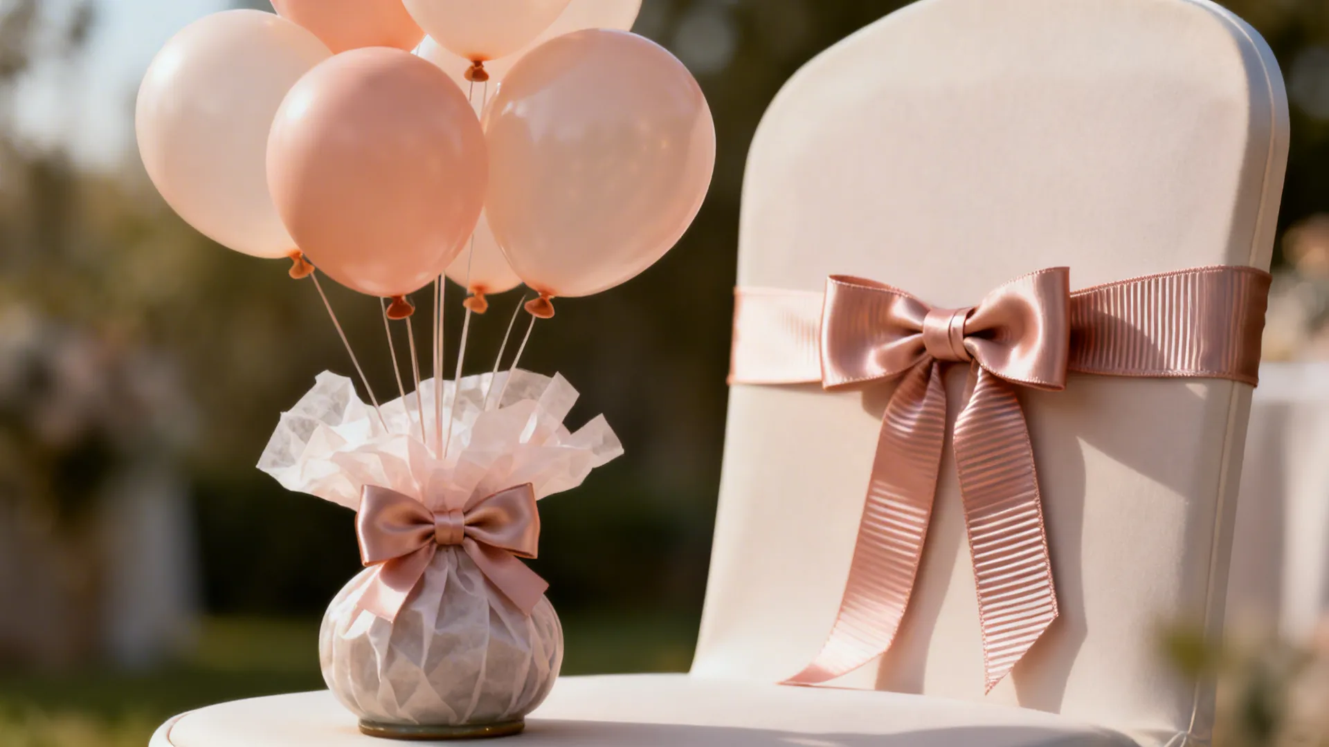 Close-up of a balloon centerpiece with satin bow and matching grosgrain chair tie.