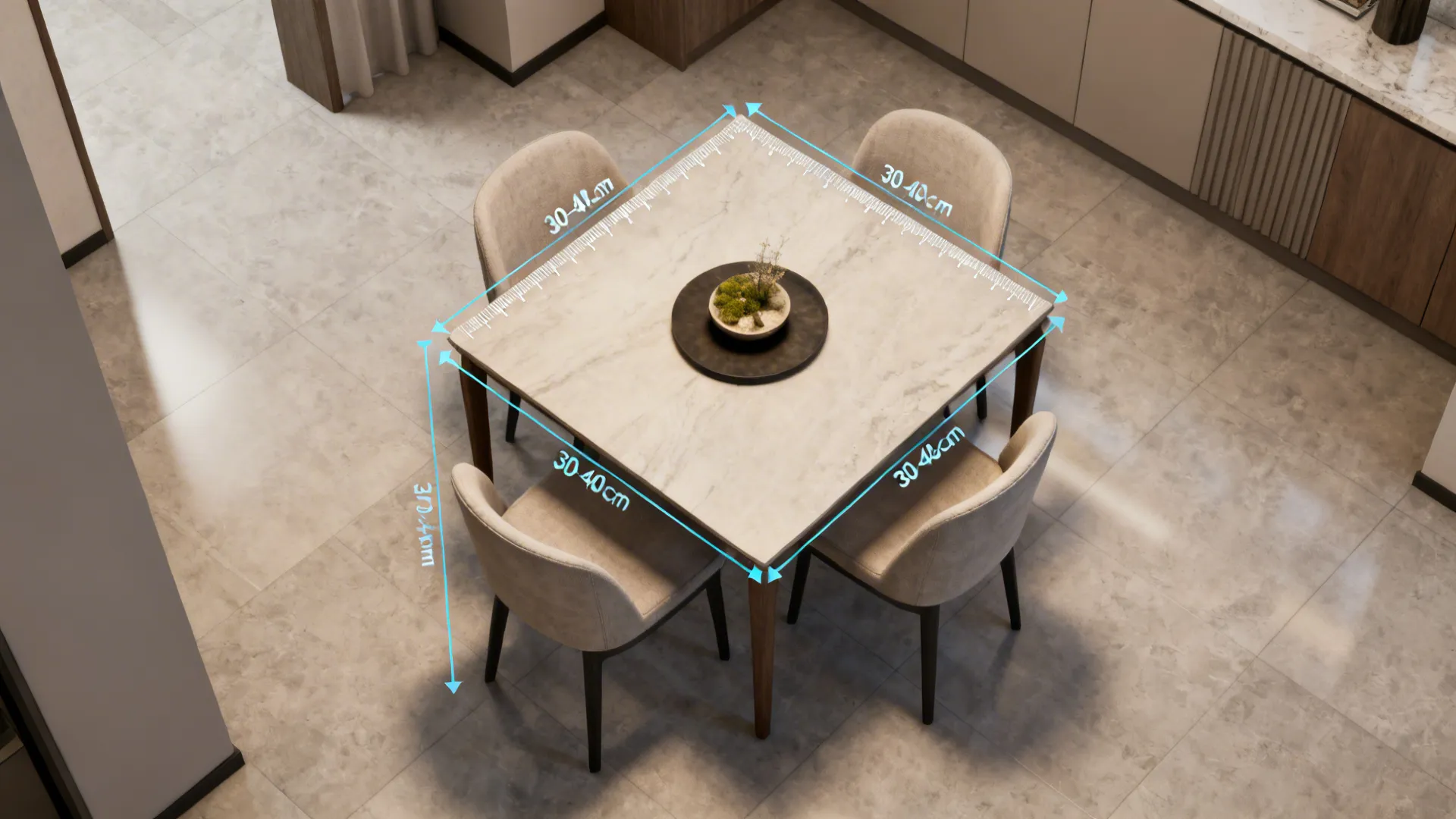 Top-down 3D planner mockup showing centerpiece placement and clearance measurements on a small dining table