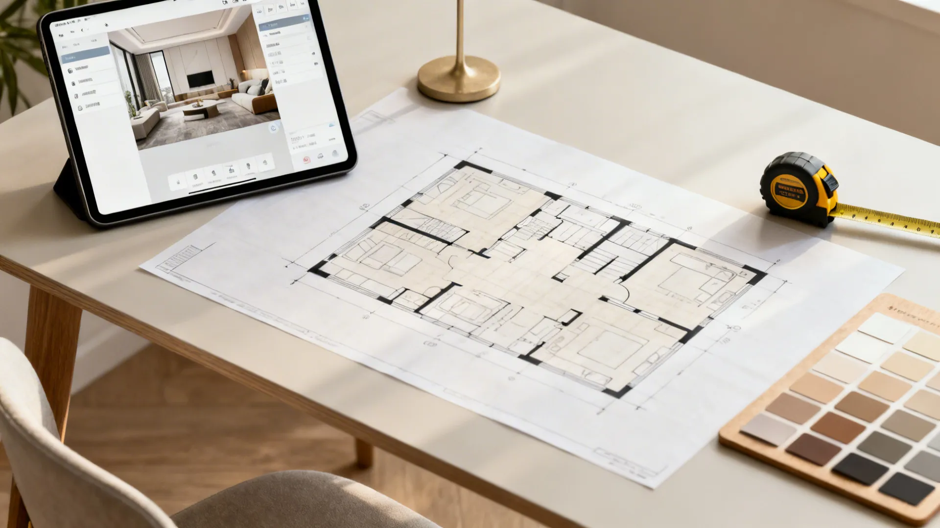 Room layout drawing on desk with tablet showing interior design drawing and color sample board