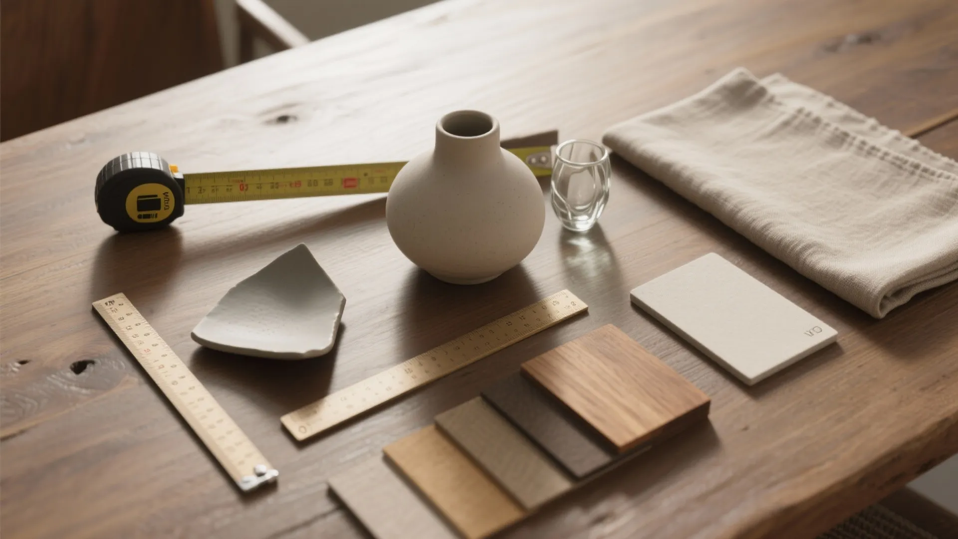 Top-down flatlay with measuring tape, material samples and a low centerpiece mockup to illustrate sizing and sightlines.