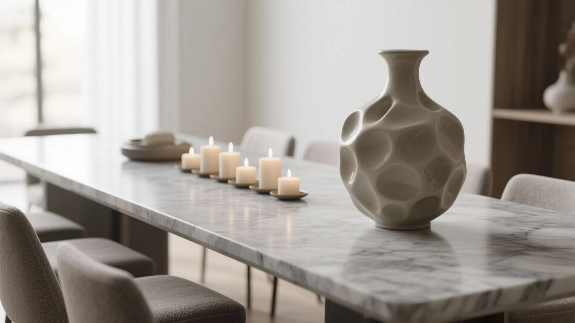 Modern marble dining table decorated with small white candles and a textured white ceramic vase