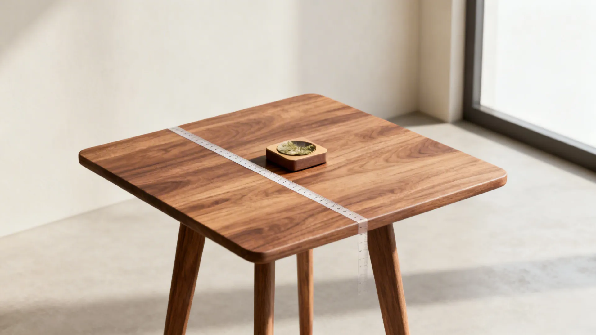 Small centerpiece occupying under one-third of a dining table, shown with a subtle measuring hint for scale