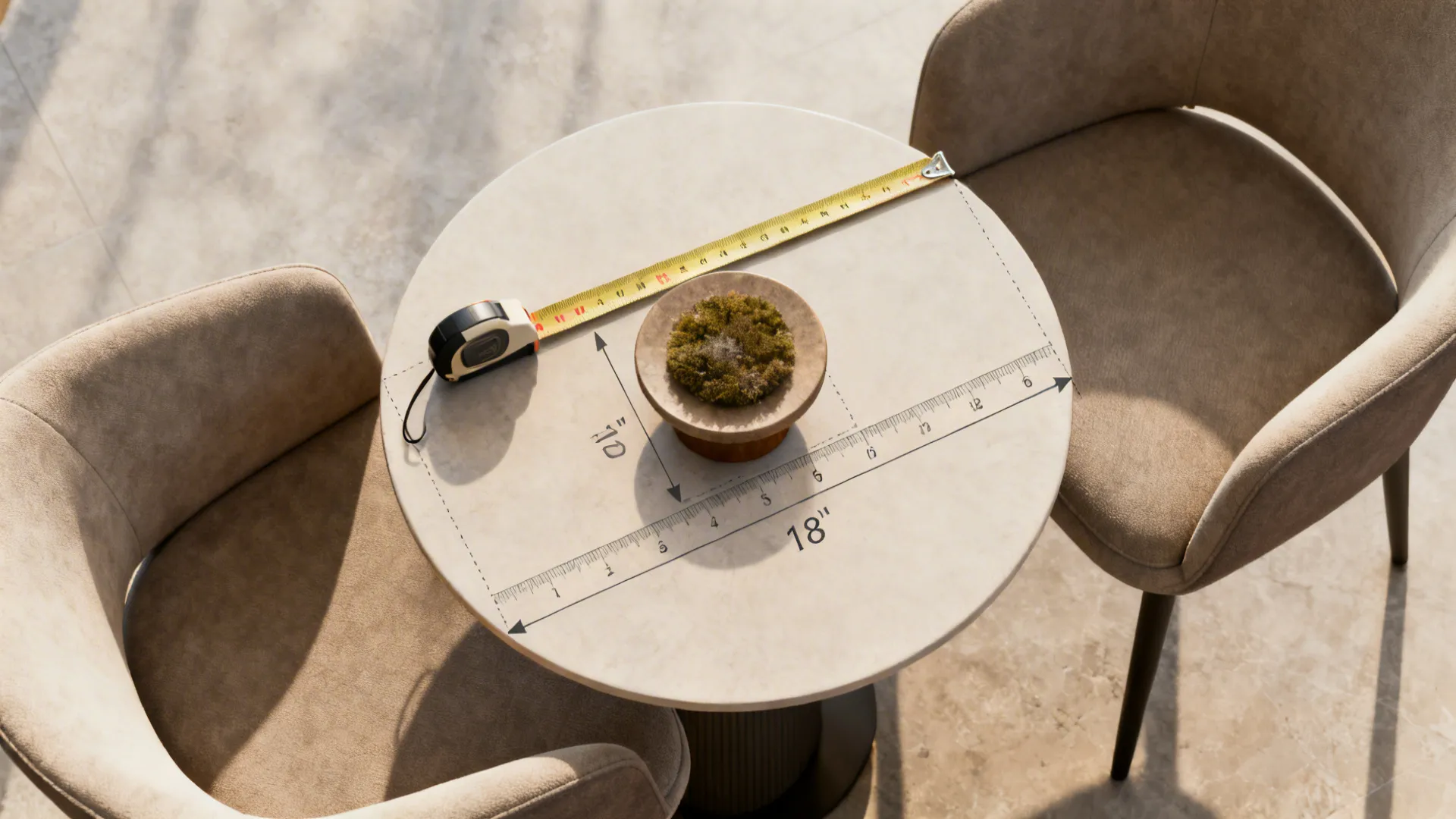 Top-down view showing a centerpiece sized to one third of a small round table with a measuring tape.