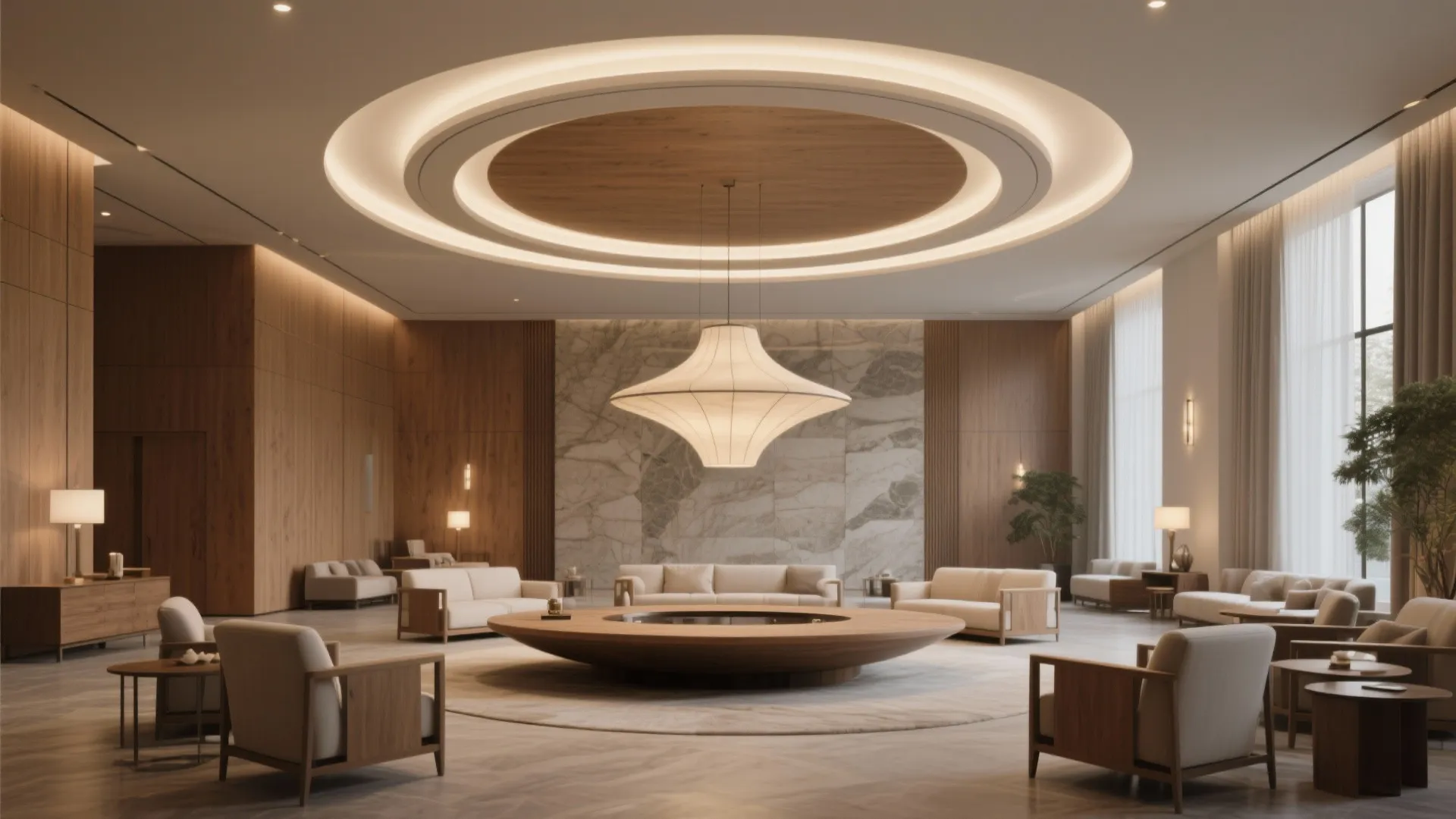 Modern hotel lobby with wood wall panels large ceiling light white sofas and round coffee table