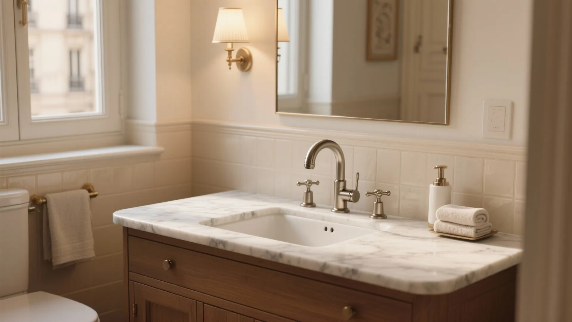 Classic bathroom with marble sink top wooden cabinet wall light mirror and white tiled wall panels