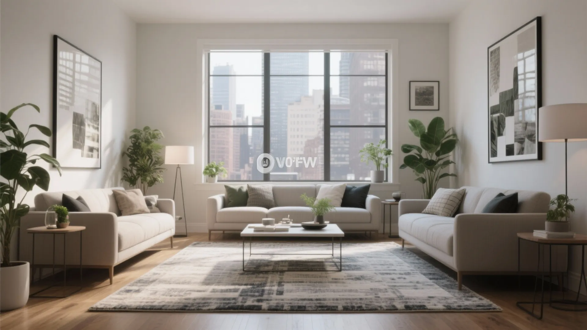 Bright living room with three white sofas arranged around central patterned rug and coffee table