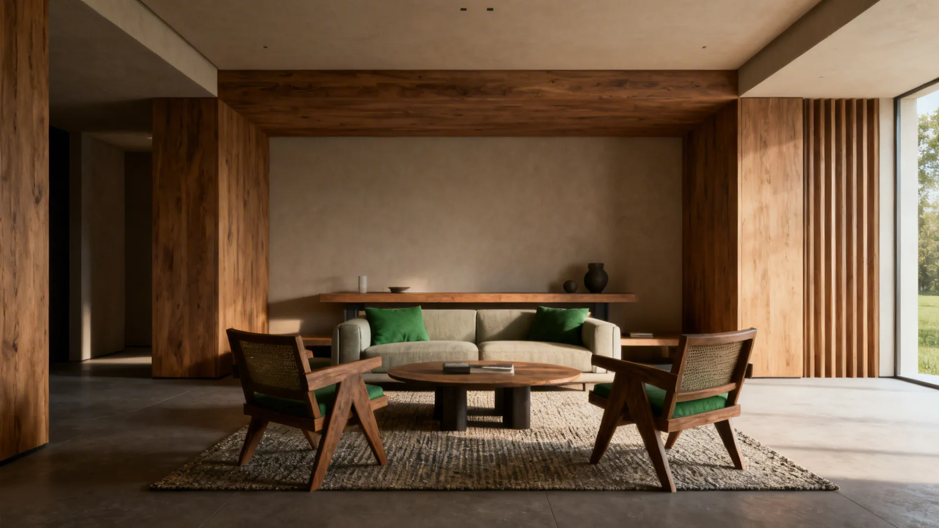 Central seating cluster in a rectangular living room with a low console and layered rug defining the conversation zone.